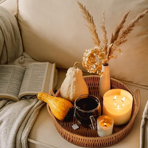 Miniatura 2 de Bandeja de servir tejida de 3 piezas con asas cesta redonda para servir pan bandeja de mimbre de polietileno bandeja de frutas decorativa de ratán