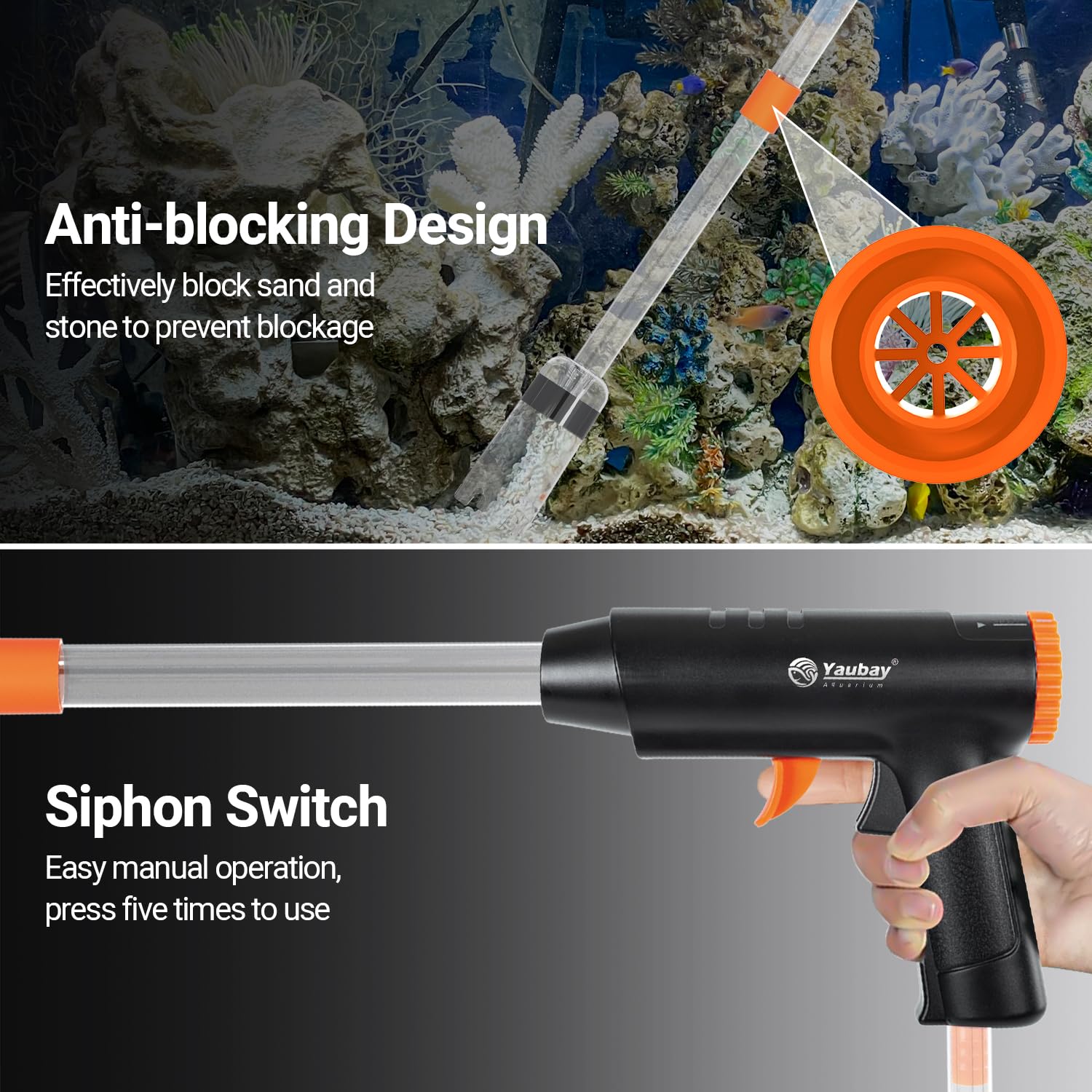 Yaubay Limpiador manual de grava para acuario, aspirador de sifón para pecera, con flujo de agua ajustable para eliminar la suciedad, cambiar el agua y lavar arena herramientas de limpieza de acuarios | Flujo de agua ajustable para eliminar la suciedad, e