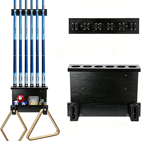 WeGXY Support Mural pour Bâtons de Billard, Support pour 6 Queues de Billard, Accessoires pour Table de Billard, Support en Bois Massif pour Ensemble de Queues de Billard, Organisateur Rustique pour - 1