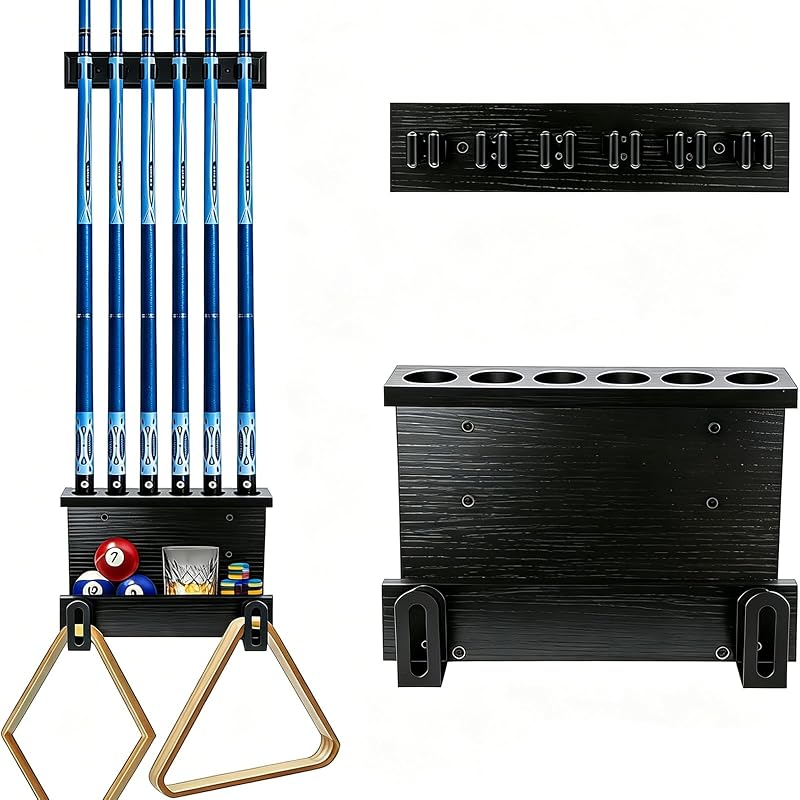 WeGXY Support Mural pour Bâtons de Billard, Support pour 6 Queues de Billard, Accessoires pour Table de Billard, Support en Bois Massif pour Ensemble de Queues de Billard, Organisateur Rustique pour
