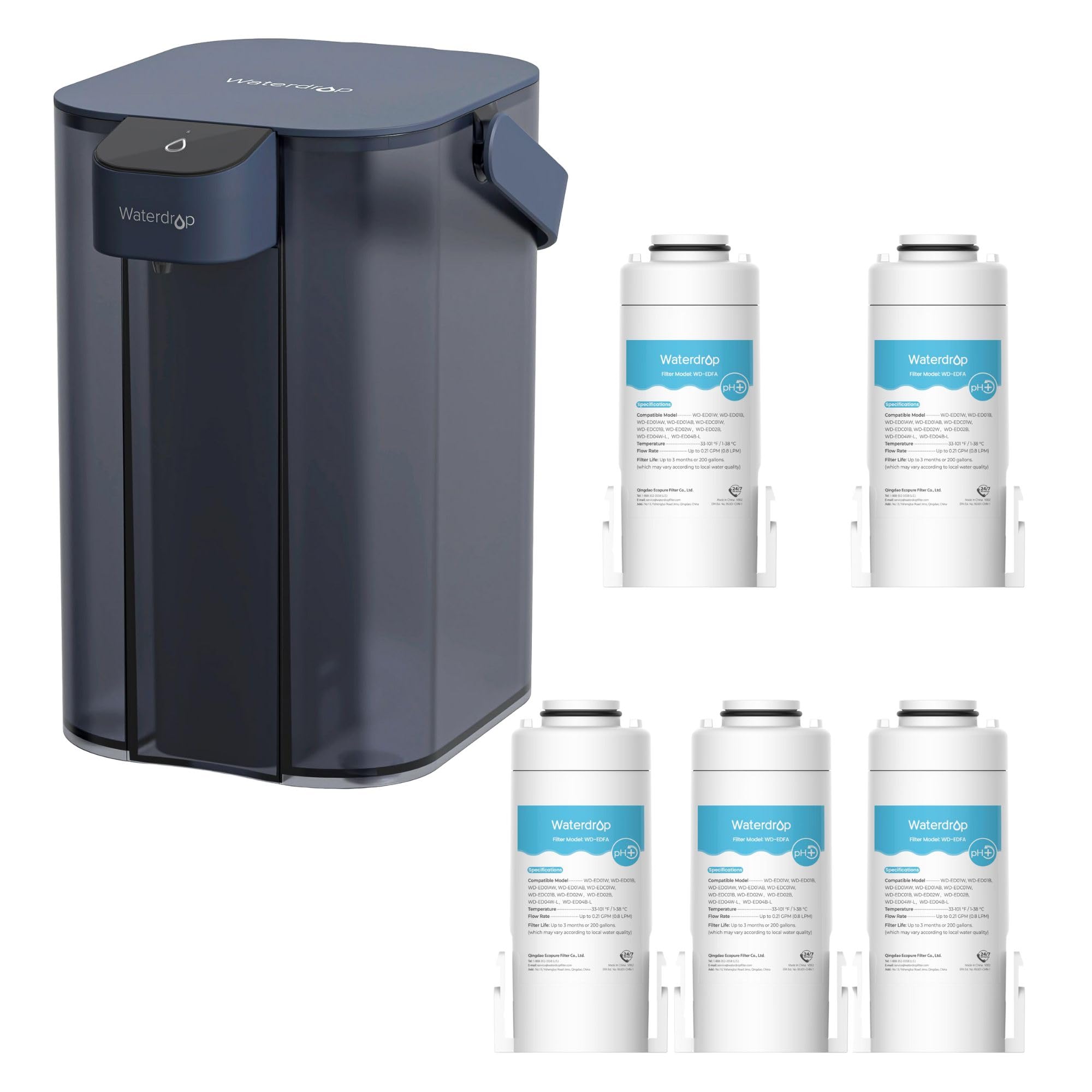 Waterdrop Alkaline Electric Water Filter Pitcher, Dispenser, 200-Gallon, 5X Times Long-Life (1 Filter Included) & WD-EDFA Alkaline Filters Replacement for All Waterdrop Electric Pitcher (4 Packs)