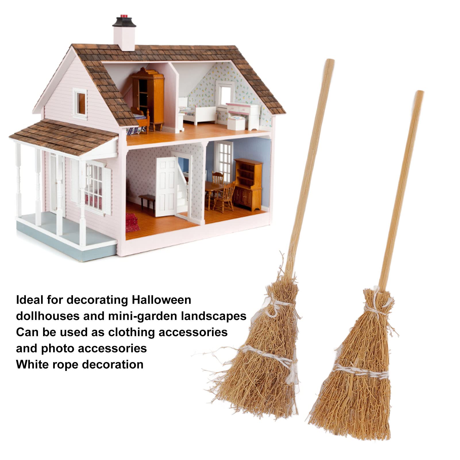 20PCS Mini Broom with White Rope Miniature Artificial Broom Hanging Broom Witches Prop for Halloween Decoration