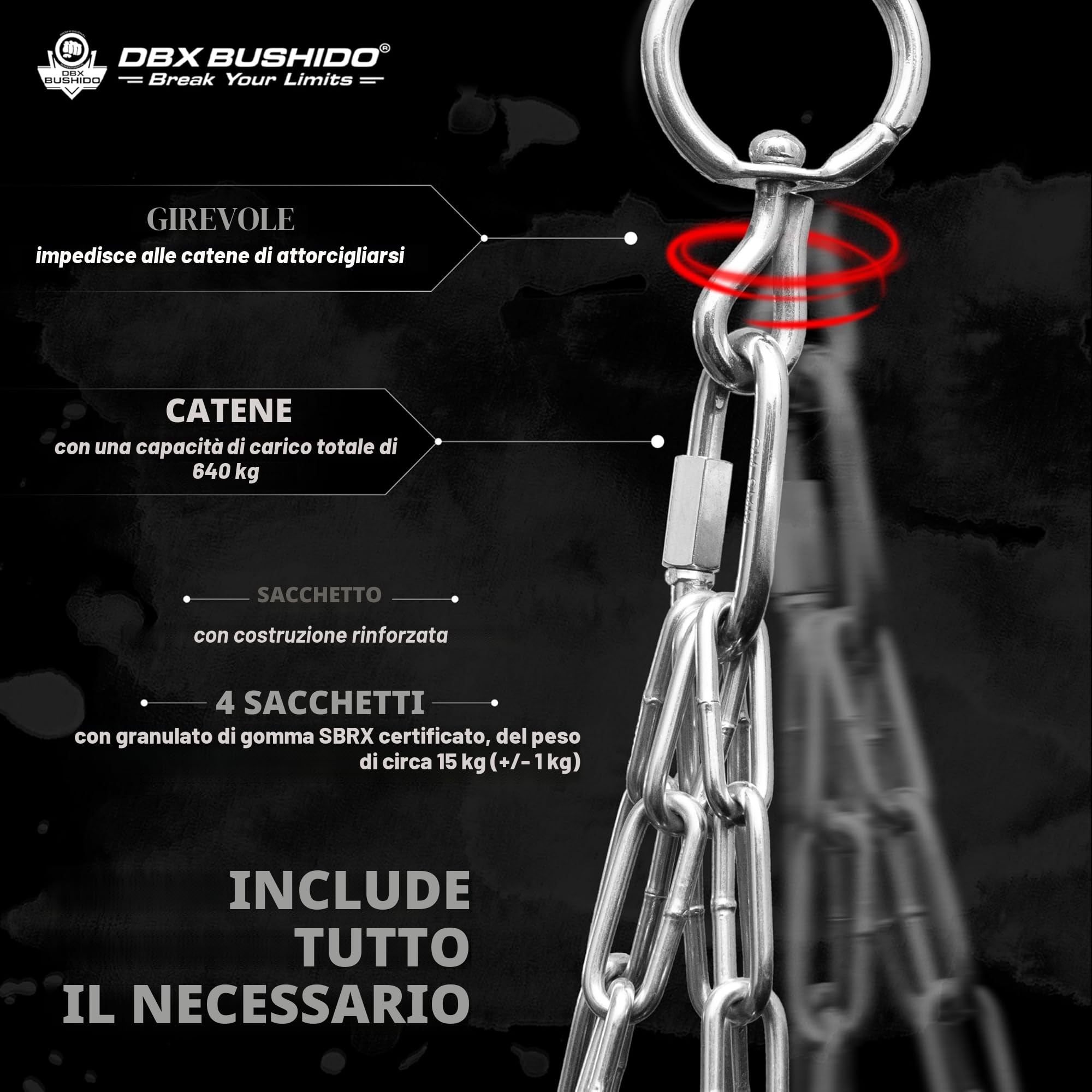 DBX BUSHIDO SPORT Sacco da boxe riempito con granulato di gomma 130 cm – Box Sack 60 kg – Training Boxe Sport e Kickboxing – Punching Bag…