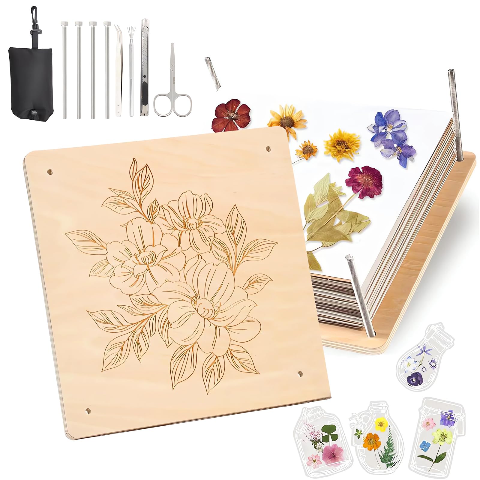 ZYNERY Large Flower Press for Adults Kids, 10 Layers 11x11 inch (28x28cm) Wooden Flower Pressing Kit, Gift for Plant DIY Arts and Crafts Lovers (Wooden)