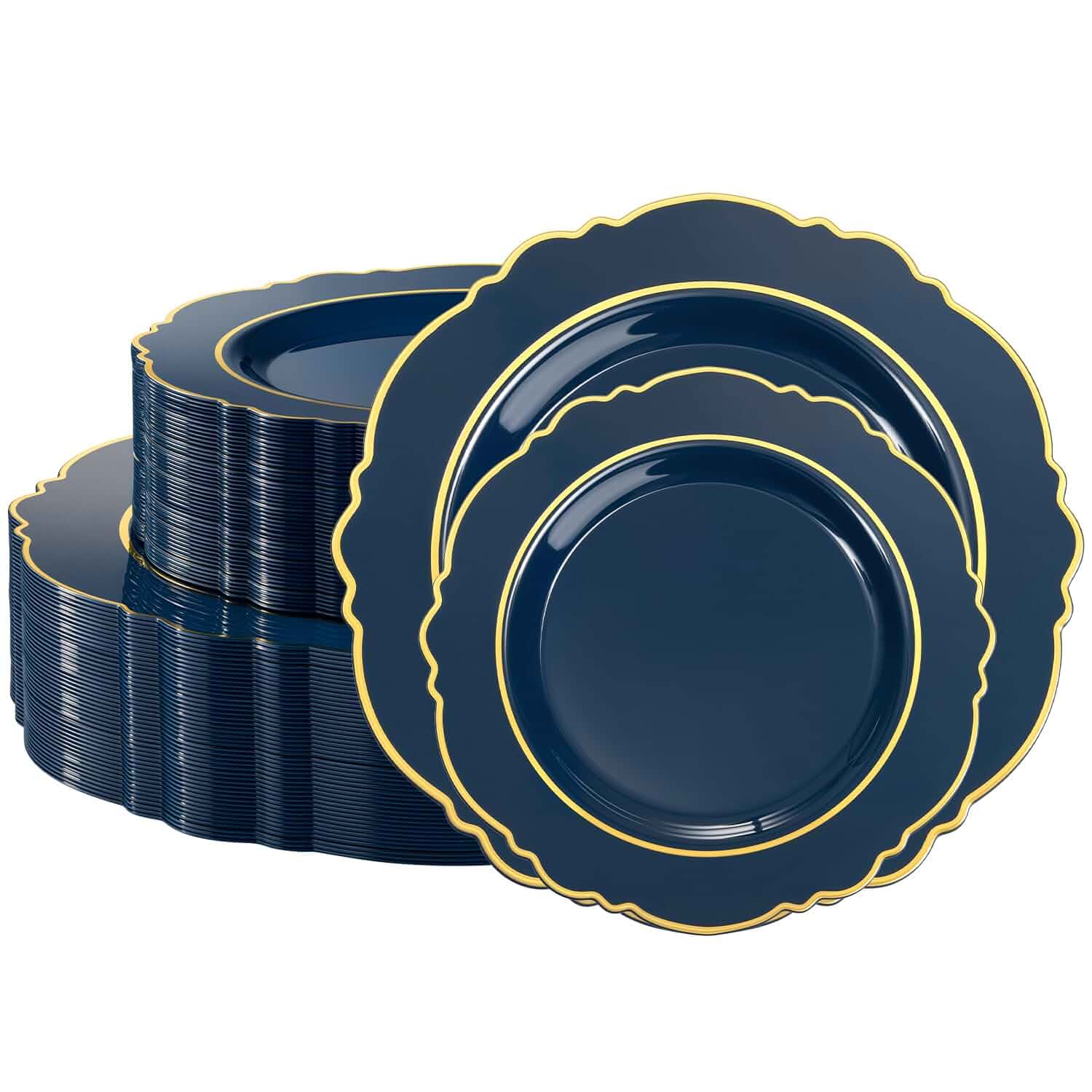 realluck 100PCS Navy Blue and Gold Plastic Plates,Elegant Plates Reusable 50 Dinner Plates & 50 Dessert Plates, Fancy Plastic Plates for Wedding, Formal Dinner, Birthday for 1-50 People