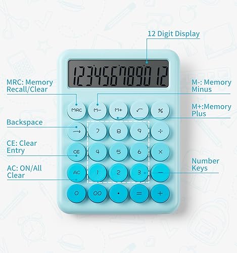 Miniatura 4 de Bonita calculadora azul de escritorio con botones grandes, calculadoras de escritorio, 12 dígitos con pantalla LCD grande, calculadora estándar
