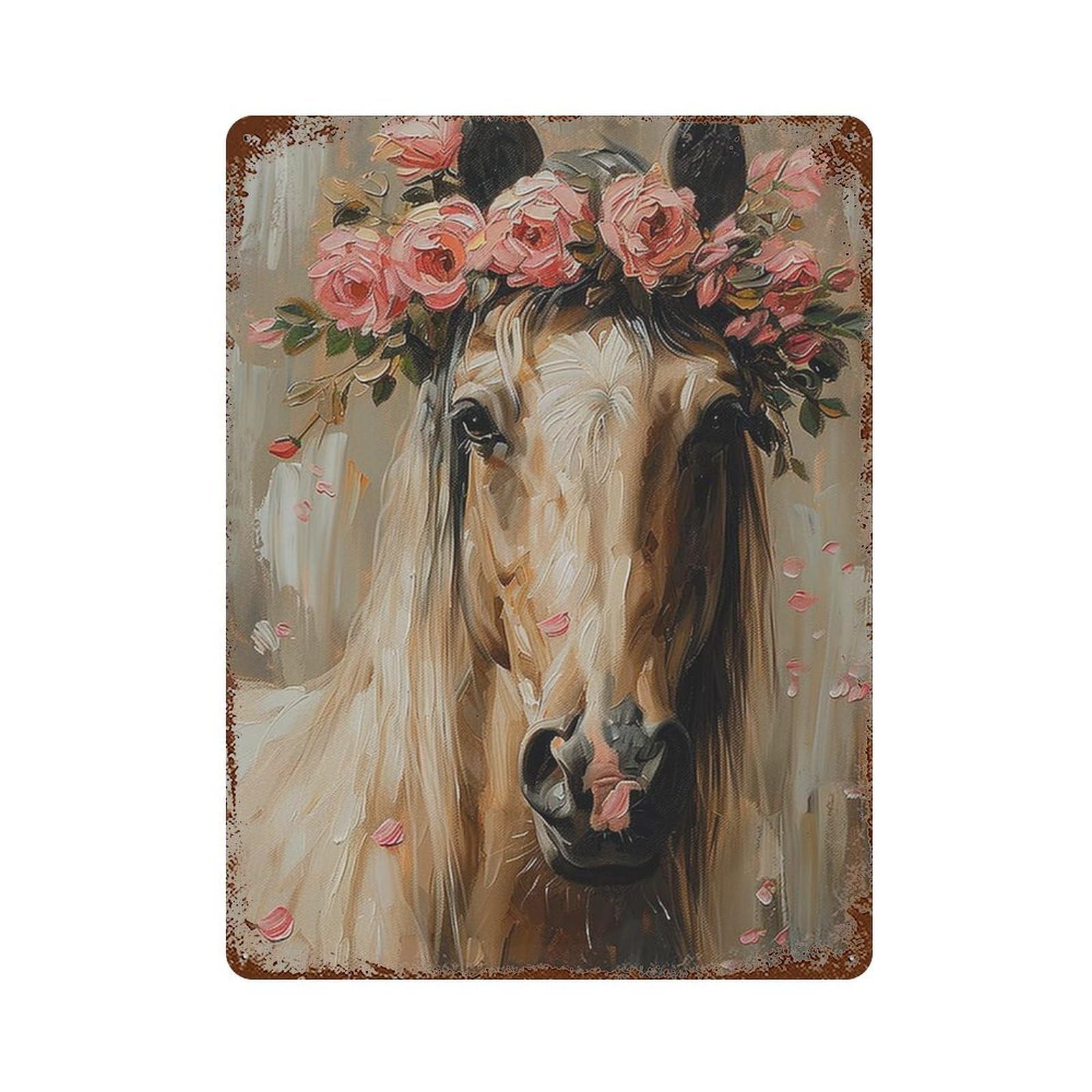 Horse with Flower Crown Art Print Decorative Tin Sign 15.7"x11.8", Farmhouse Wall Decor for Living Room, Hallway And Home Decor