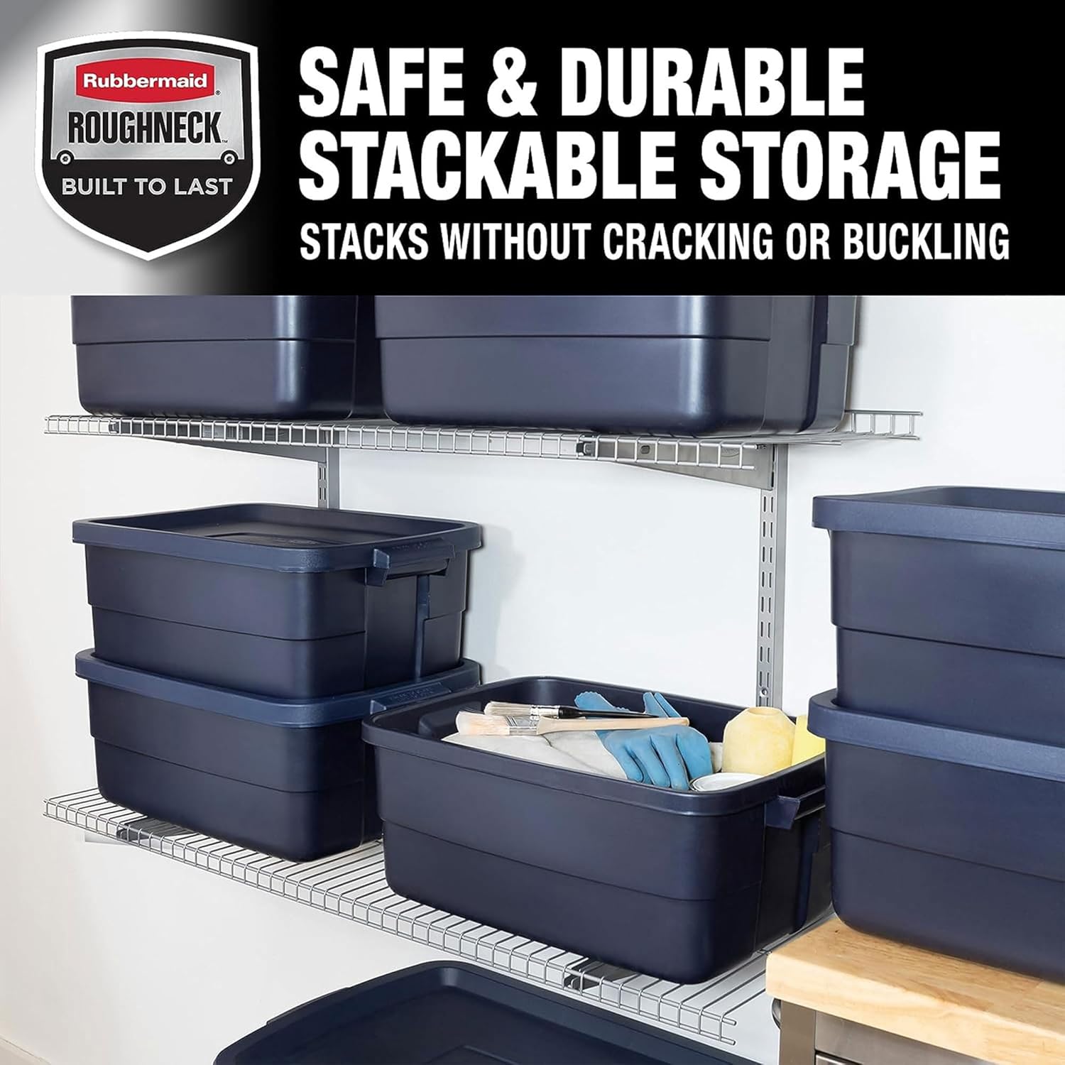 Rubbermaid Roughneck️ 10 Gallon Storage Totes Durable Stackable Storage Containers with Snap Tight Lids for Organization, Dark Indigo Metallic
