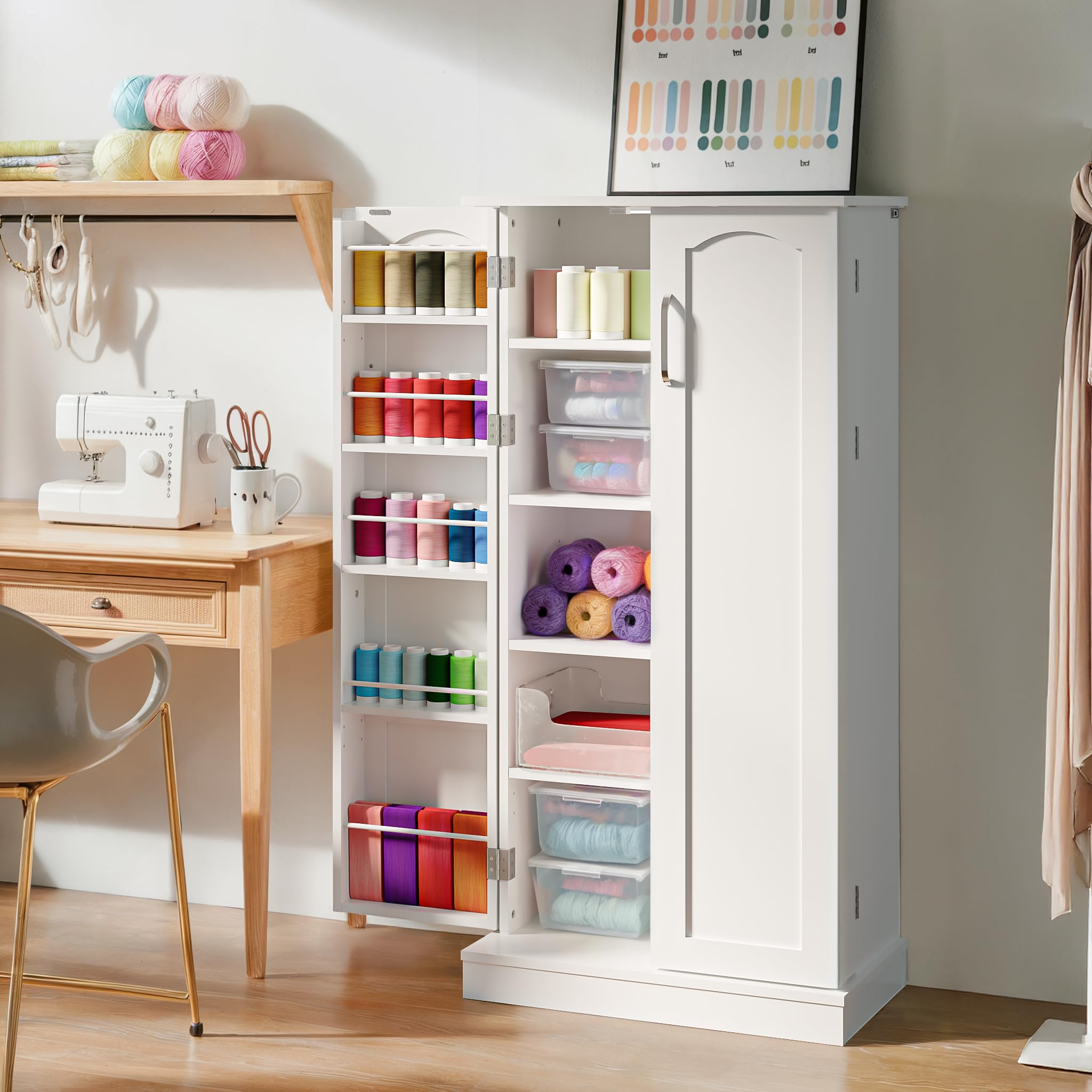 50" Craft Storage Cabinet with LED Lights​​ – Adjustable Shelves Sewing Organizer, Multi-Purpose Sewing Cabinet for Craft Room/Home Office Storage