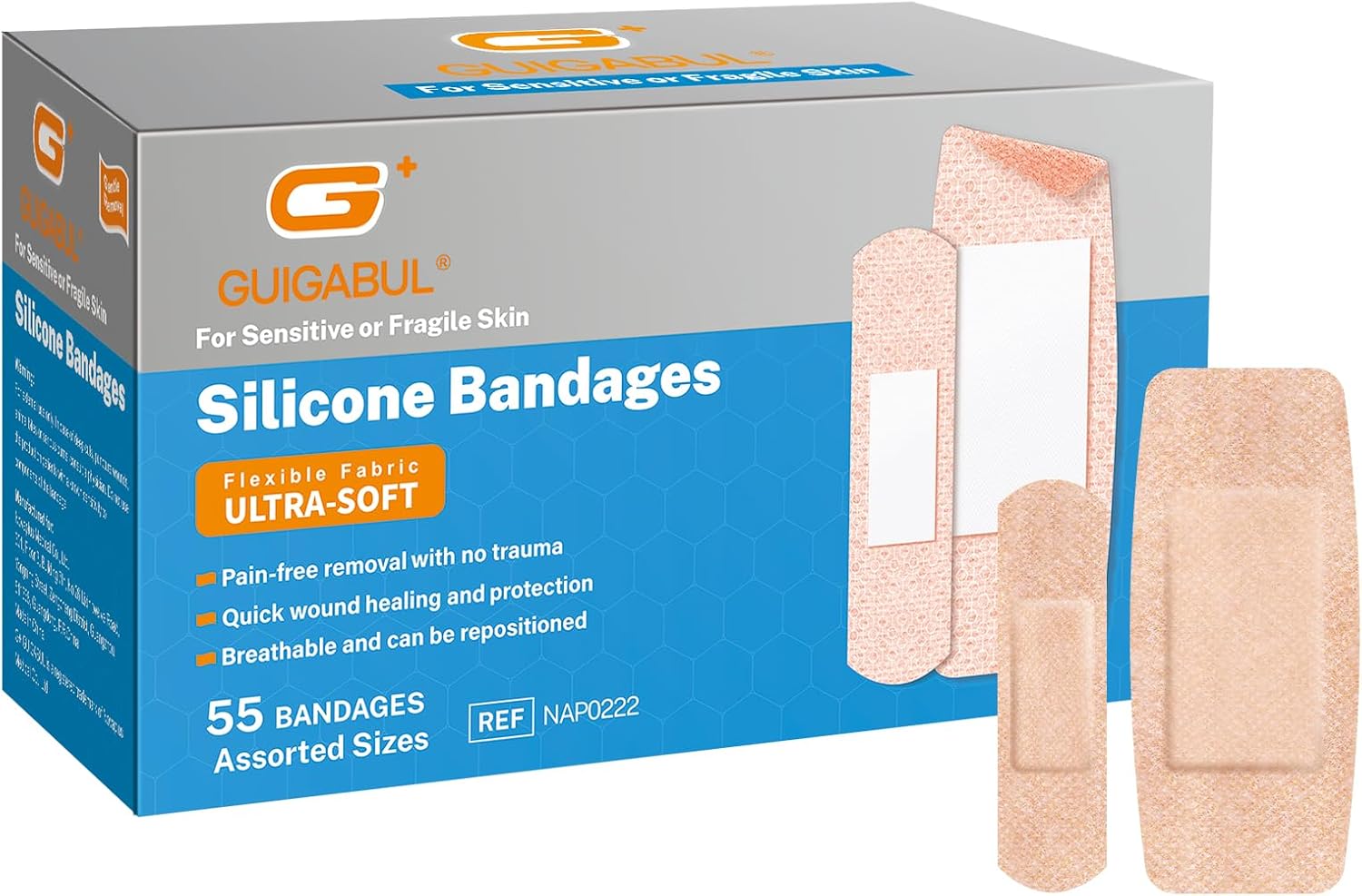 Painless Removal Silicone Bandages for Elderly Sensitive Skin - 40 Counts 0.75''x3'' Medium and 15 Counts 1.63''x4'' Extra Large Bandages by G+ GUIGABUL - Hypoallergenic - Latex Free