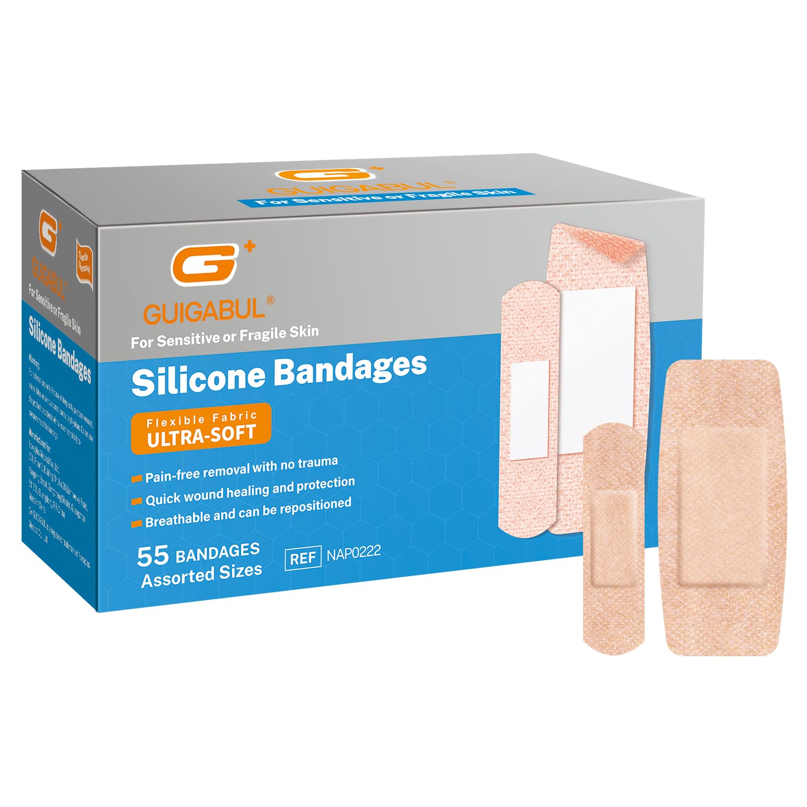 Painless Removal Silicone Bandages for Elderly Sensitive Skin - 40 Counts 0.75''x3'' Medium and 15 Counts 1.63''x4'' Extra Large Bandages by G+