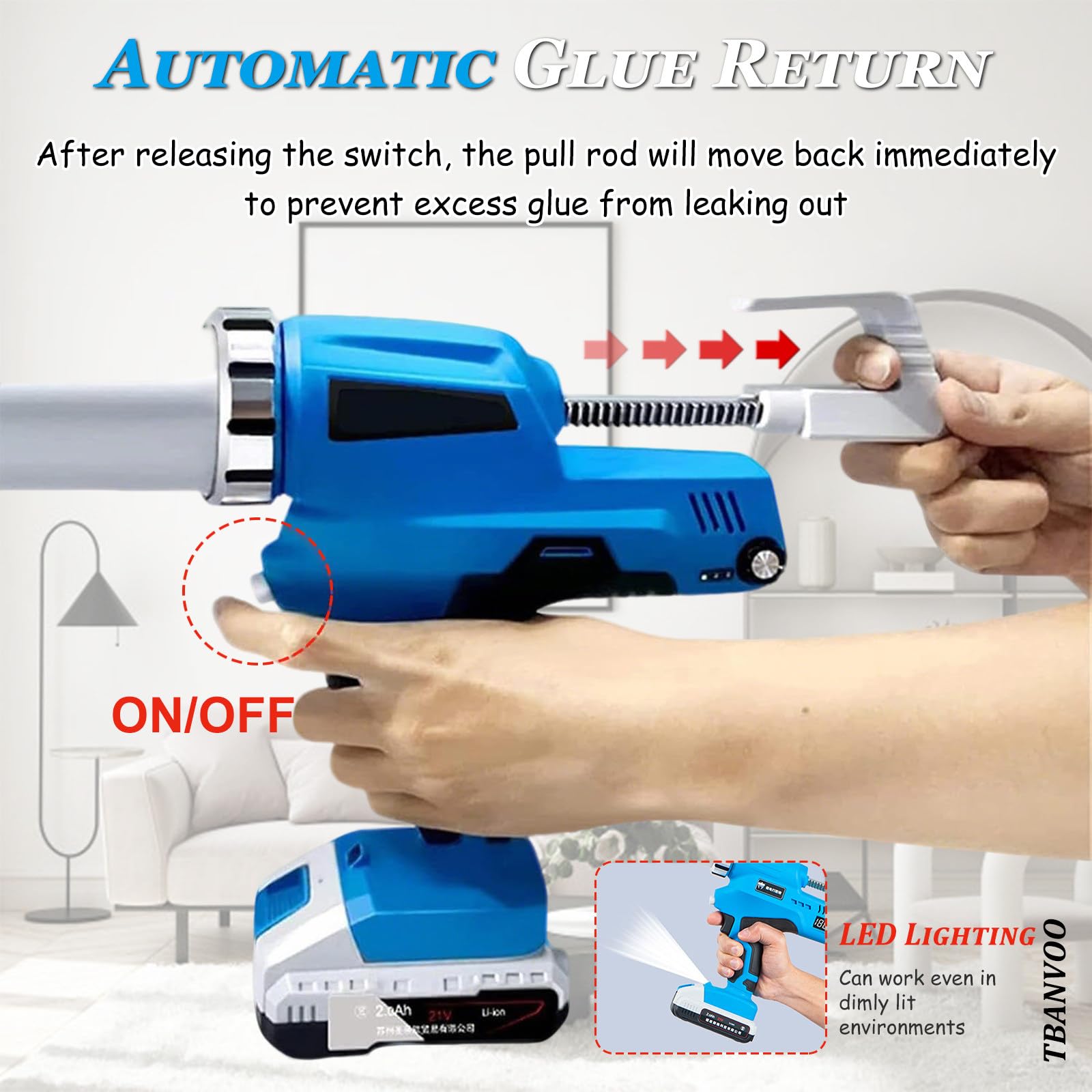 Pistolet à Calfeutrer sans Fil, Pistolet à Adhésif avec Lumière LED, Vitesse Continuement Variable, Anti-Goutte pour Le Remplissage et l'Étanchéité B