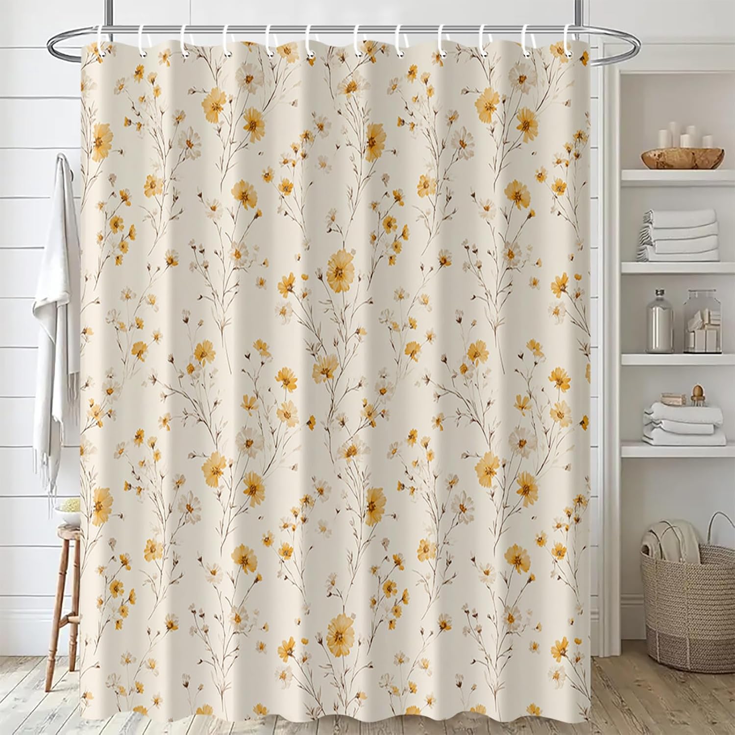 Yellow Floral Shower Curtain 72x72 Inch Wildflower Botanical Pattern Beige Background Cute Cottagecore Vintage Bathroom Decor for Women Girls Farmhouse Tub Stall