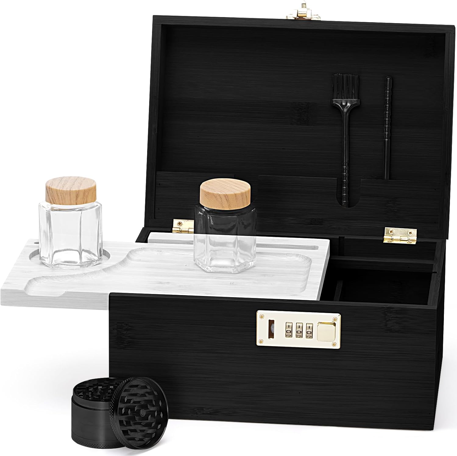 Large bamboo box, locked storage decorative box with combination lock, wooden lock box with lid, wooden locked storage box with removable tray and jars