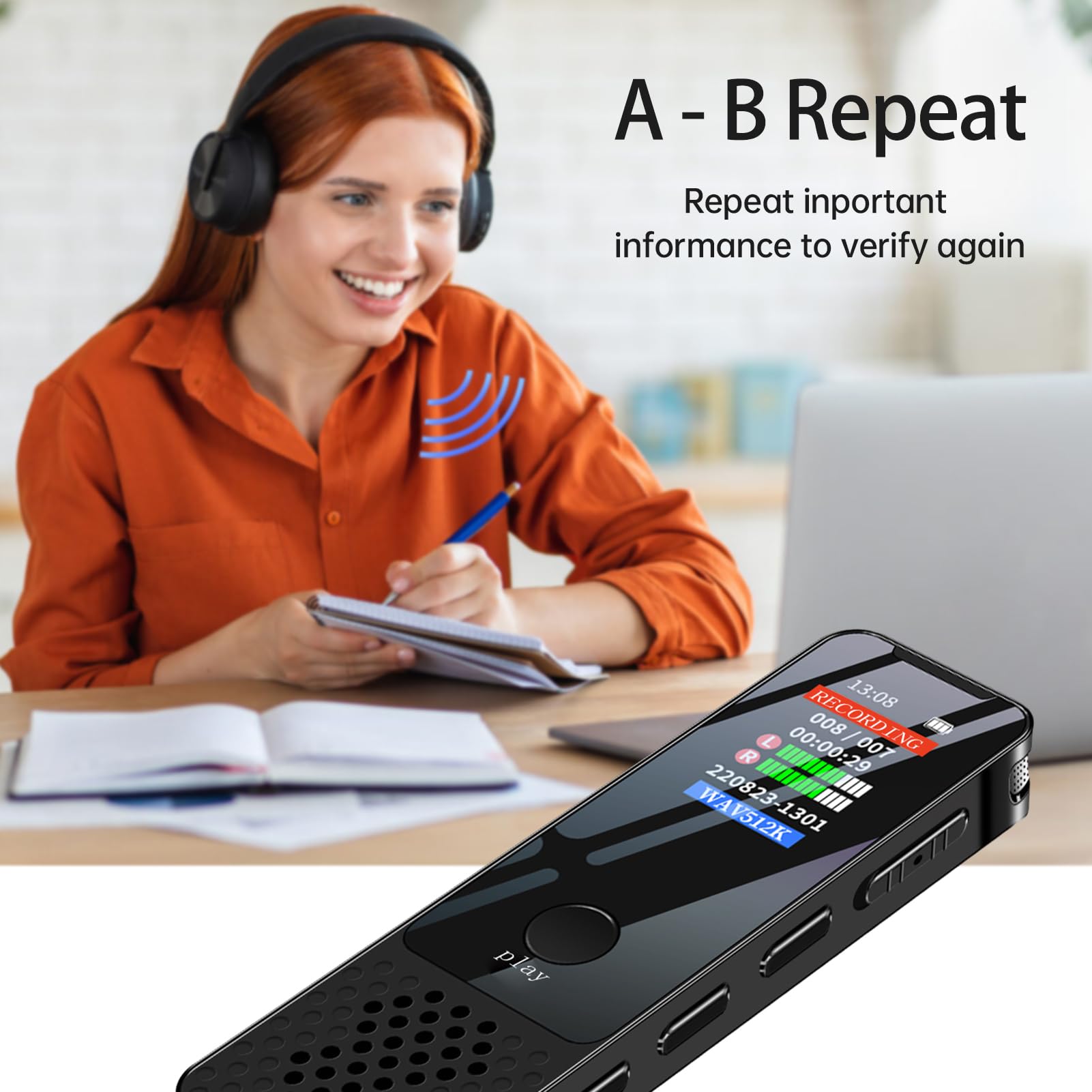 Registratore vocale digitale modello 914 con memoria interna da 64 GB - Acquisizione audio da 1536 kbps e schermo TFT - Registrazione ad attivazione vocale e riproduzione MP3 -