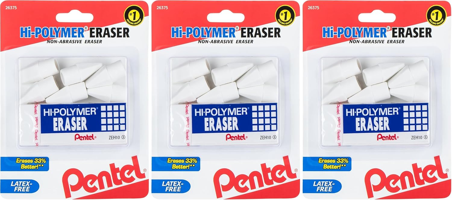 Pentel Arts Hi-Polymer White Cap Erasers, Pack of 10 (ZEH02PABP10)