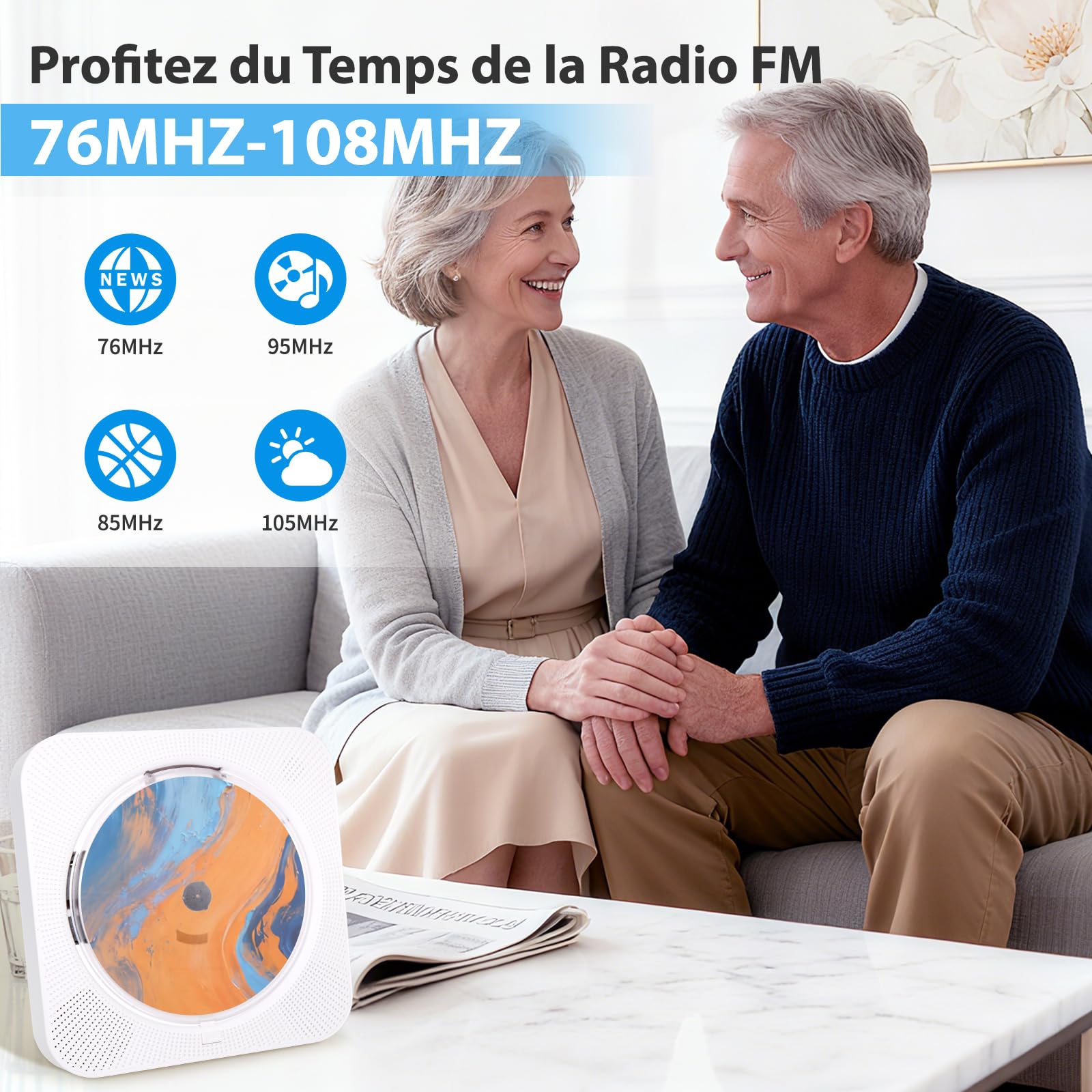Lecteur CD, CD Player Portable Bluetooth, CD Player Kpop de Bureau Ménage avec HiFi Double Haut-Parleur, Mini Lecteur Musique avec écran LCD Radio FM Prise Casque AUX/USB, Cadeaux Noel (Blanc)