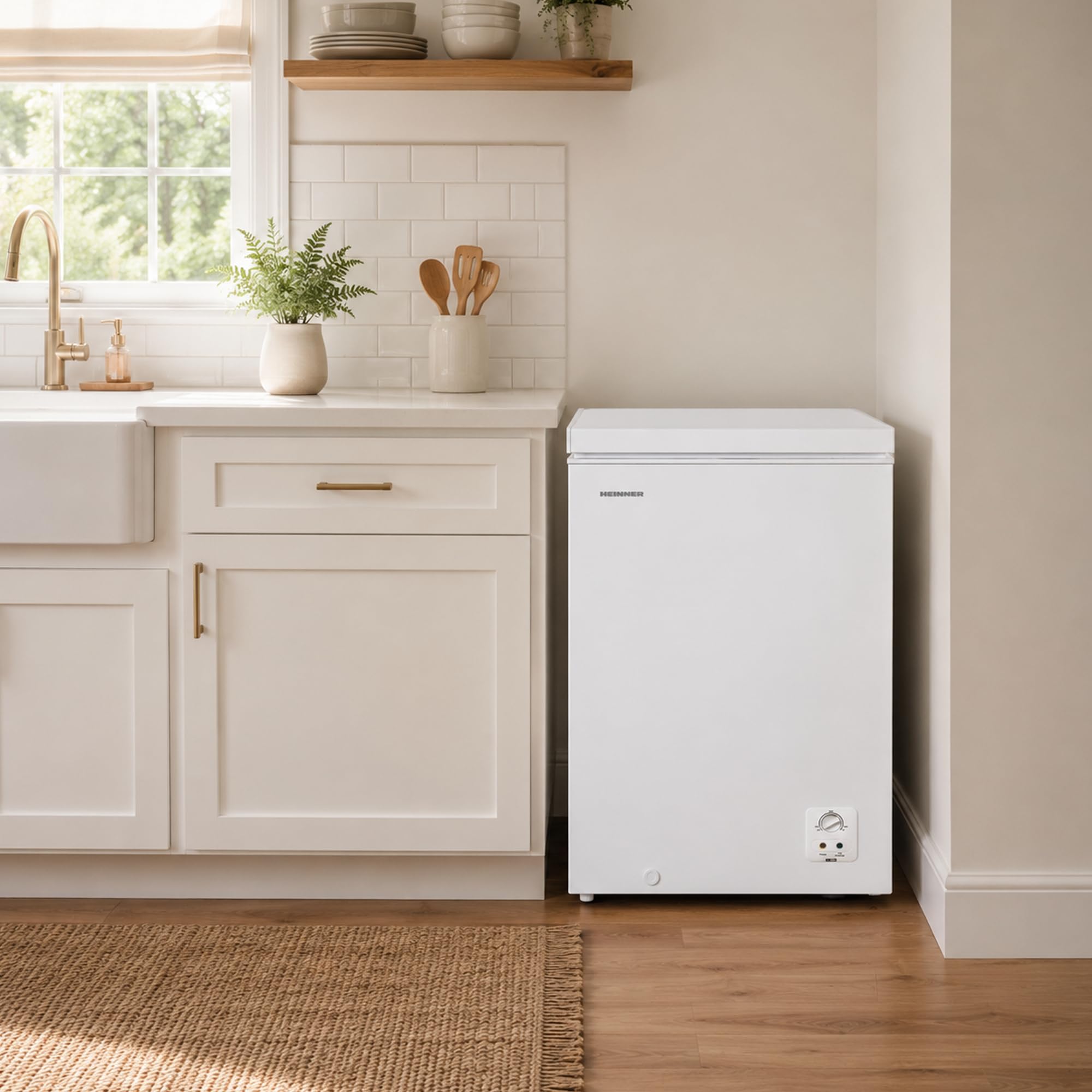 HCF-HS142E++ Gefriertruhe – 142 L Fassungsvermögen, energiesparend (Energieklasse E), leiser Betrieb, reversible Tür links/rechts für flexible Platzierung, Weiß, inkl. 5‑Jahres‑Garantie
