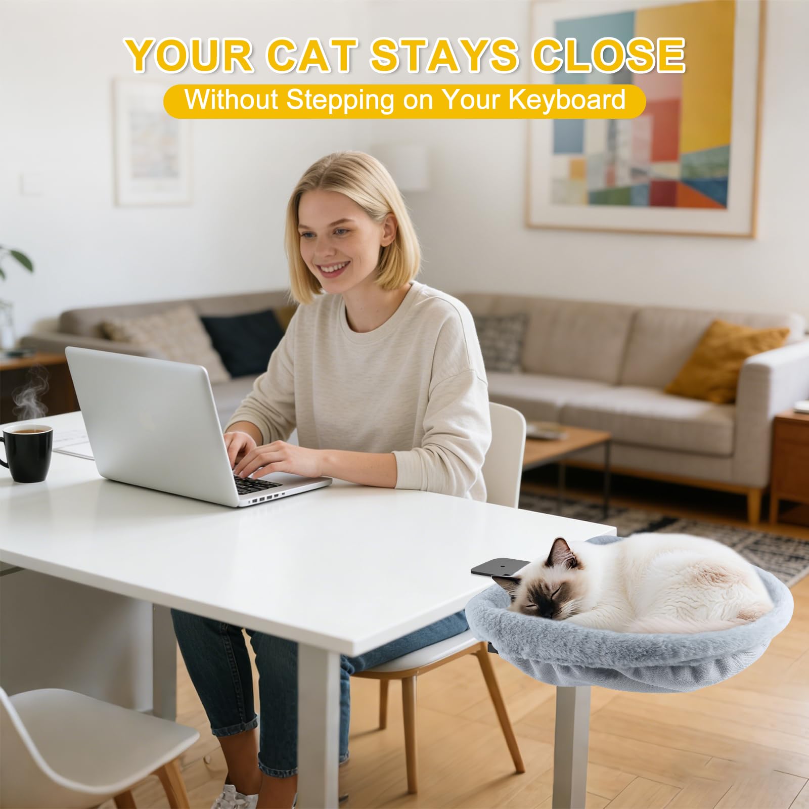Lit de Bureau pour Chat Demi-Circulaire Supporte 15kg Gris Hamac | Fausse Fourrure de Lapin Douce, Pliable & Gain de Place, Amovible Lavable en Machine, Pour Plateaux 2-8cm d’Épaisseur,