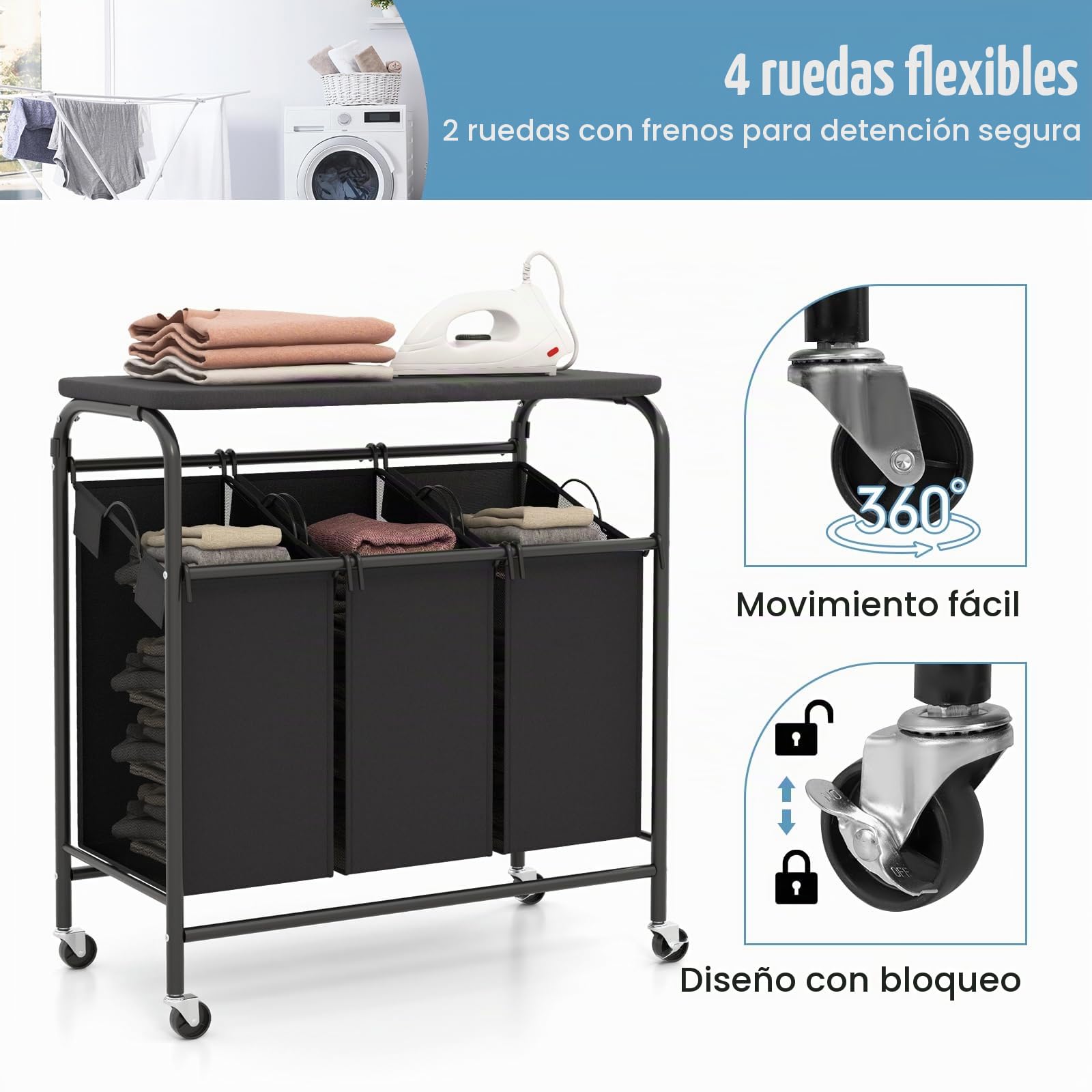 RELAX4LIFE Carro para la colada con 3 compartimentos, cesta para la ropa sucia con tabla de planchar plegable y bolsas extraíbles, cesta para la colada y el baño, negro y gris