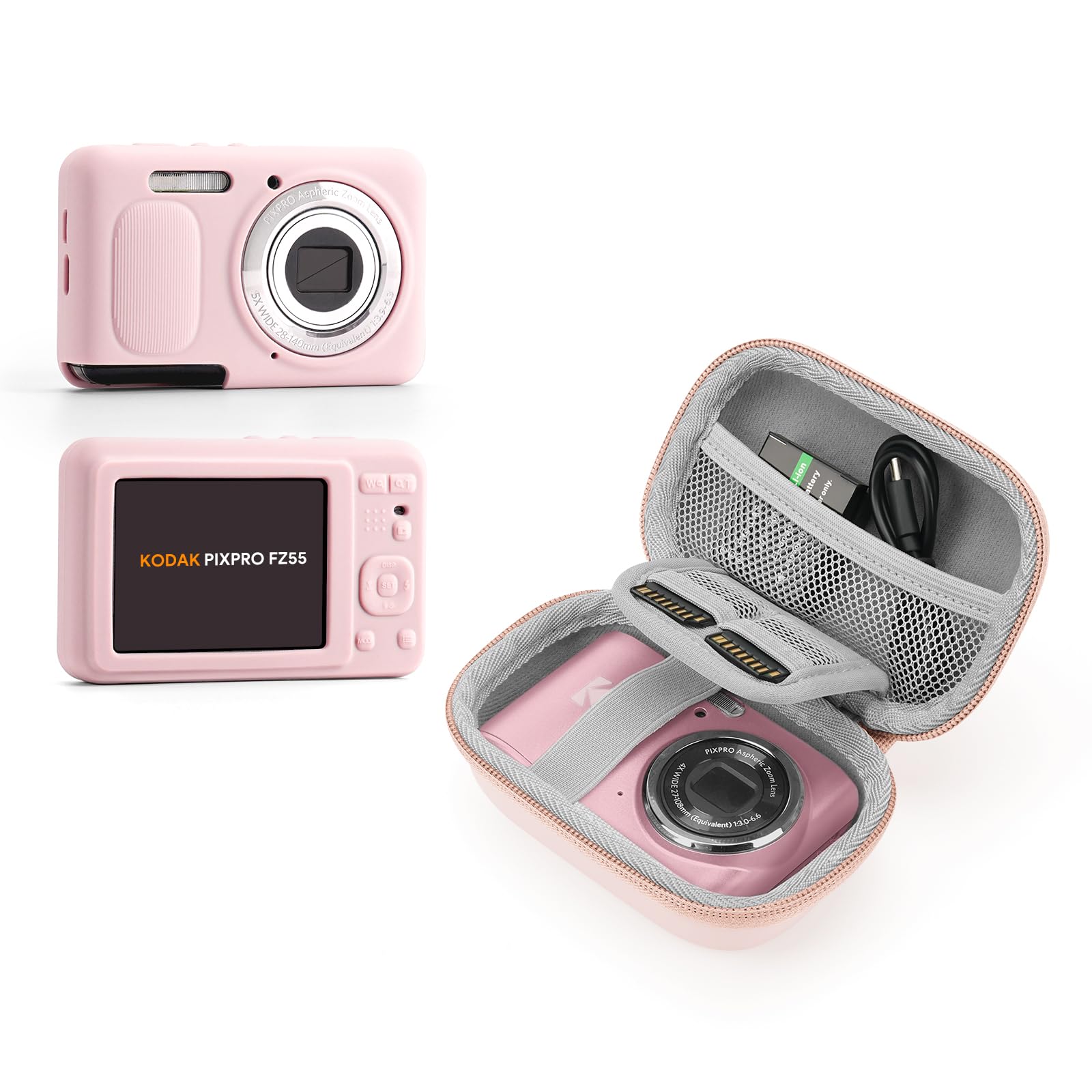 KODAK PIXPRO FZ55 Camera Set - Hard Camera Case + Soft Silicone Cover, Lens Protective Design, SD Card Storage Travel Carry Cute Bag Small