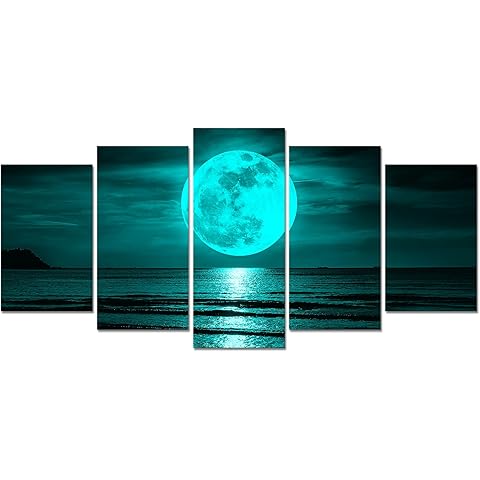 Kalormore 5 Pieces Black and White Full Moon Picture Teal Beach Landscape Peaceful Artwork for Home Bedroom Decor Gallery Wrapped Ready to Hang