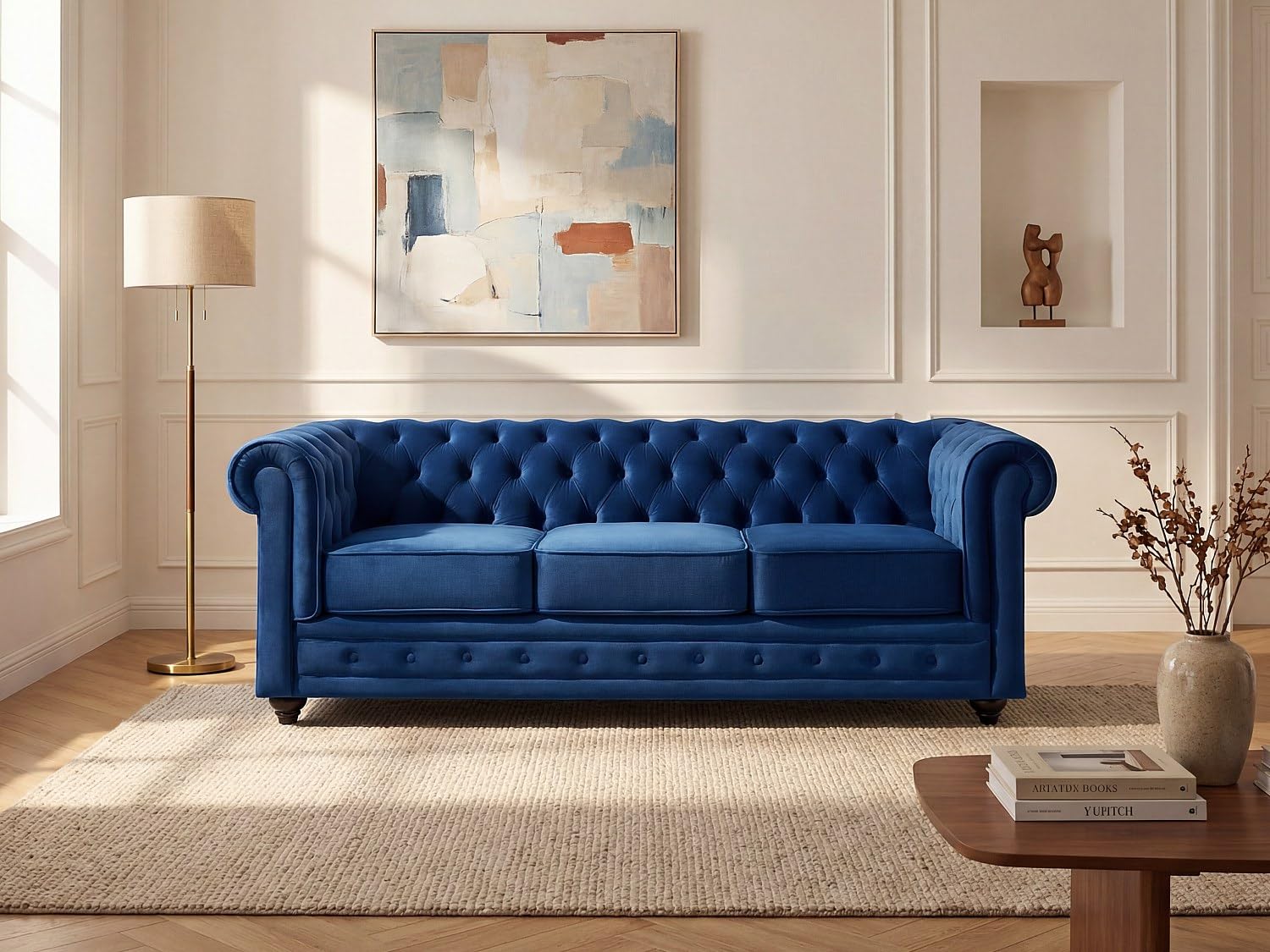 Vente-unique - Sofá Fijo 3 plazas Chesterfield - Terciopelo - Azul eléctrico | Forma mítica Chesterfield, asiento desenfundable