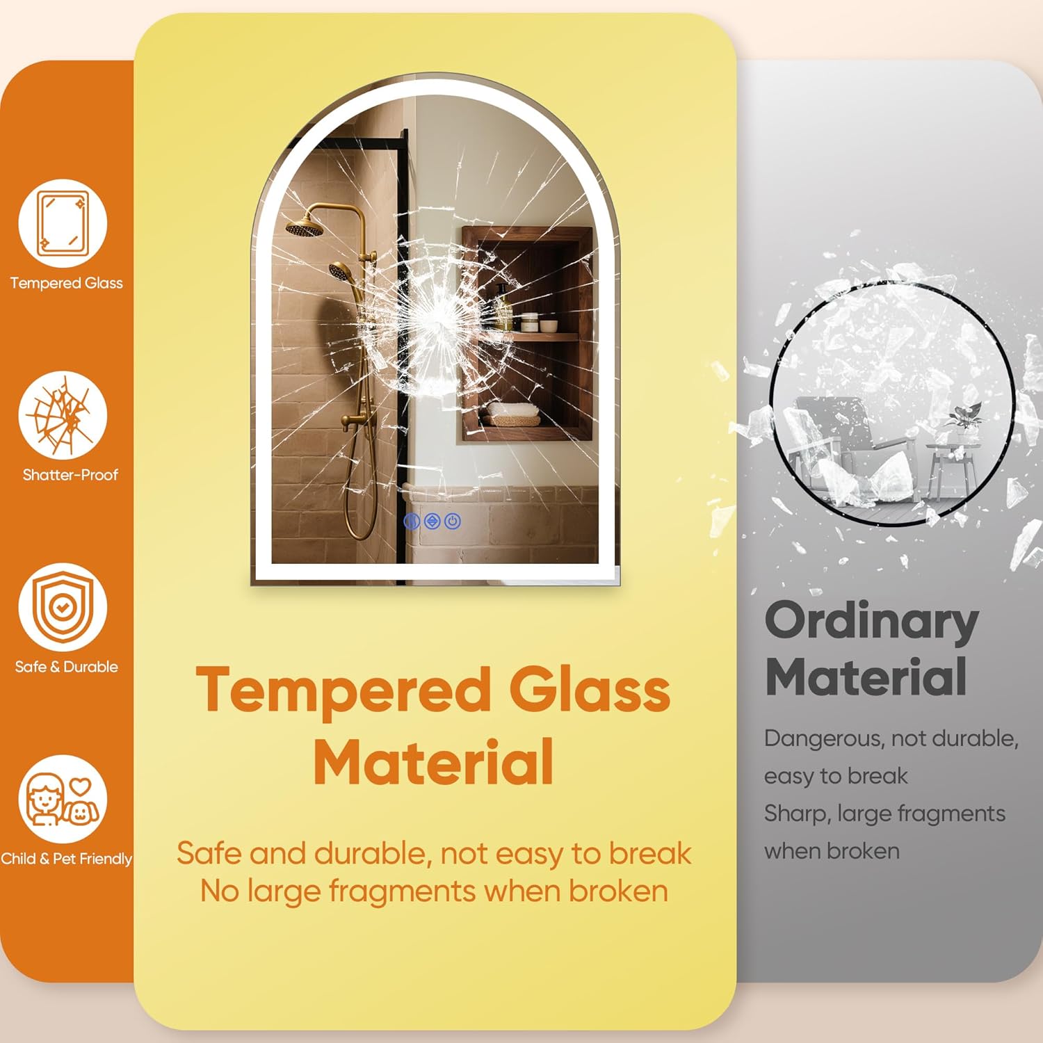 48"x 30" Arch LED Bathroom Mirror with Lights, Anti-Fog, Backlit Dimmable, 3 Colors, Frameless Lighted Bathroom Vanity Mirror for Wall with Memory Function, Shatter-Proof, Tempered Glass