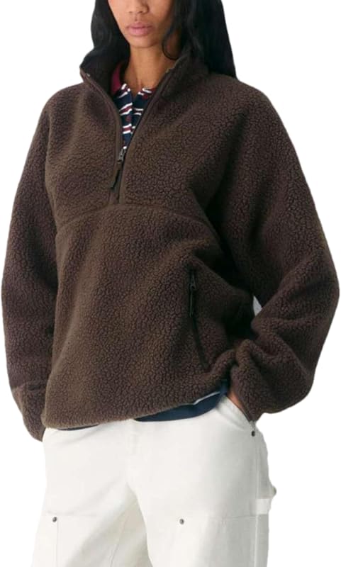 Aimiray Women’s Quarter Zip Fleece Pullover Fuzzy Sherpa Jacket(Brown-M)