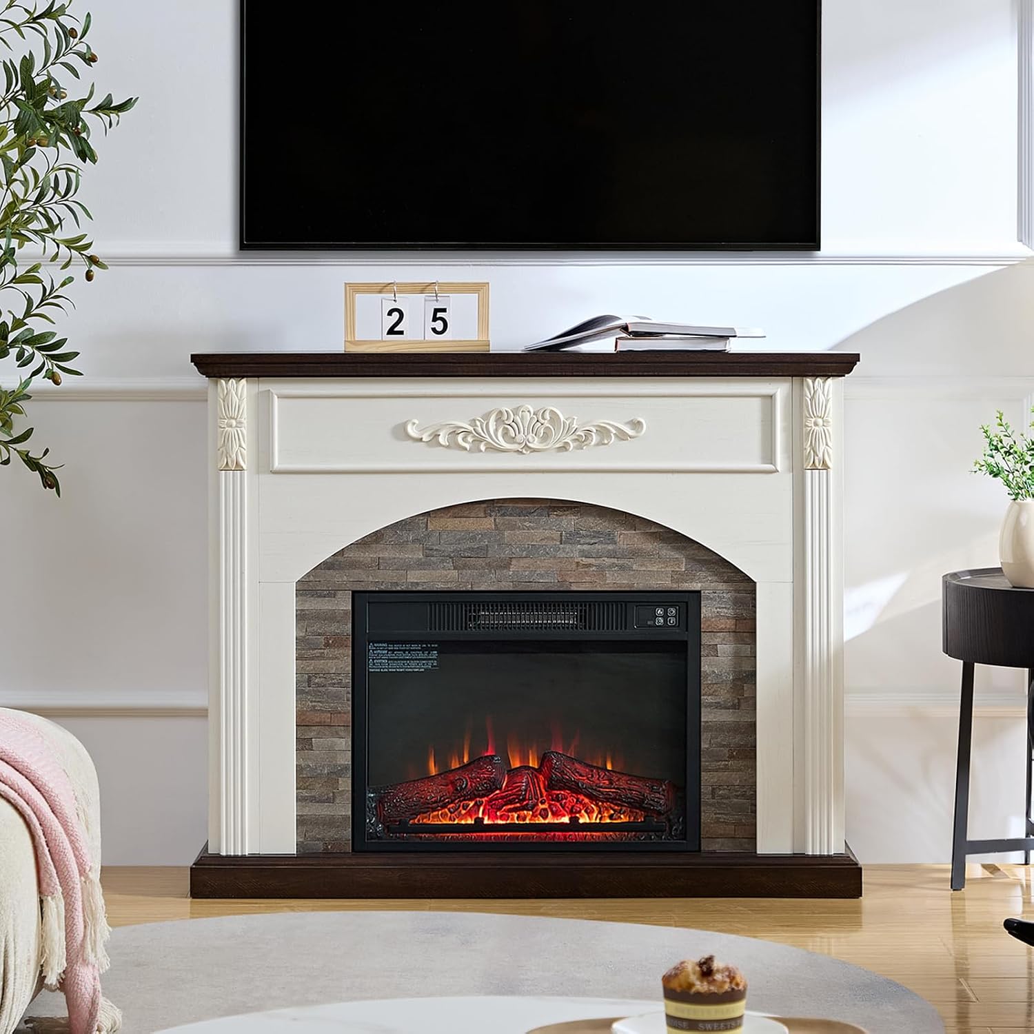 44 Inch Electric Fireplace with Mantel, Carved Pilasters Tall Fire Place Heater Freestanding, Realistic Stacked Stone Surround with Remote Control Timer LED Flame for Living Room, Bedroom