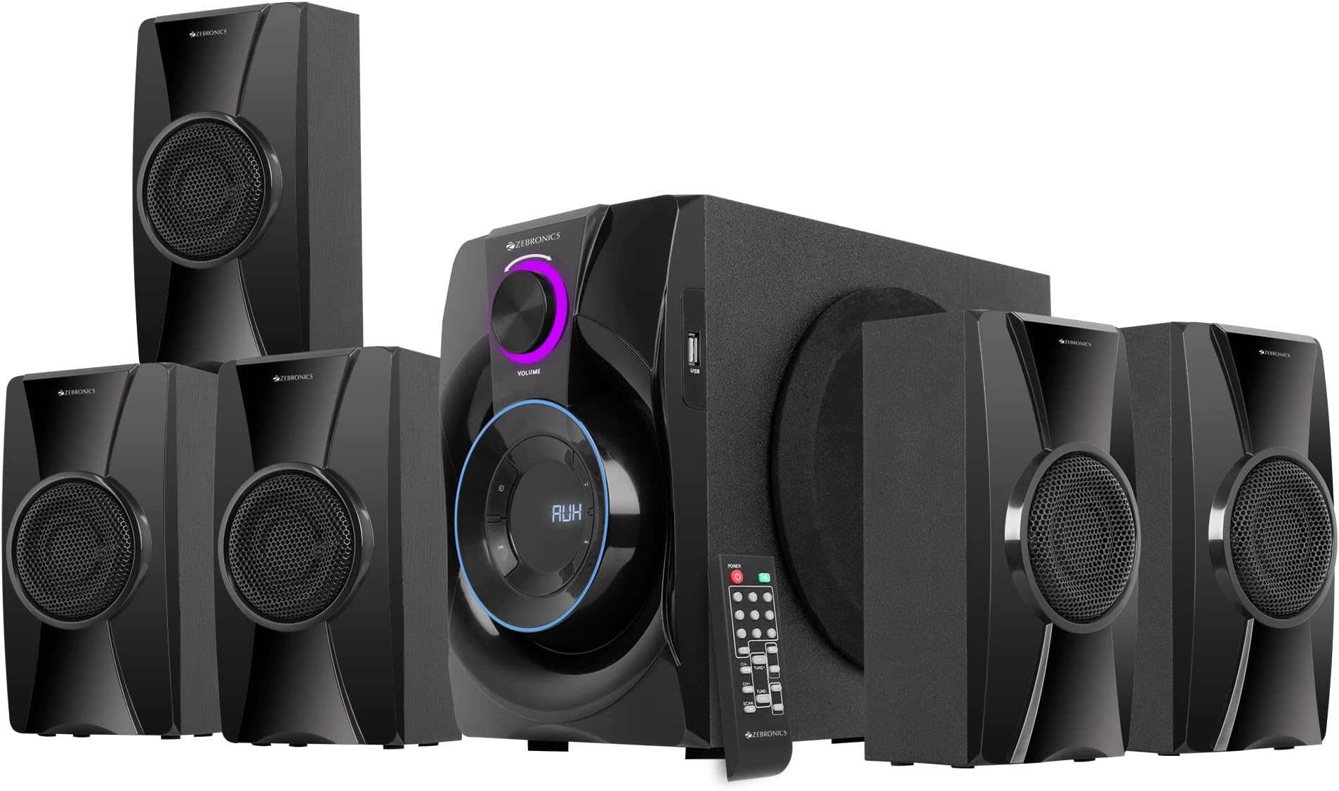 ZEBRONICS Basso 100 5.1 Home Theater Speaker with 5.25" Subwoofer, 90W RMS Powerful Bass, Bluetooth 5.1, Wall Mount, AC-3 Surround Sound, RGB Ring Light, Remote Control & LED Display