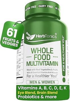 Herbtonics Whole Food Multivitamin for Men & Women – Vegan Multivitamin with Real Fruits & Veggies, Probiotics, CoQ10, Turmeric & More – 60 Capsules