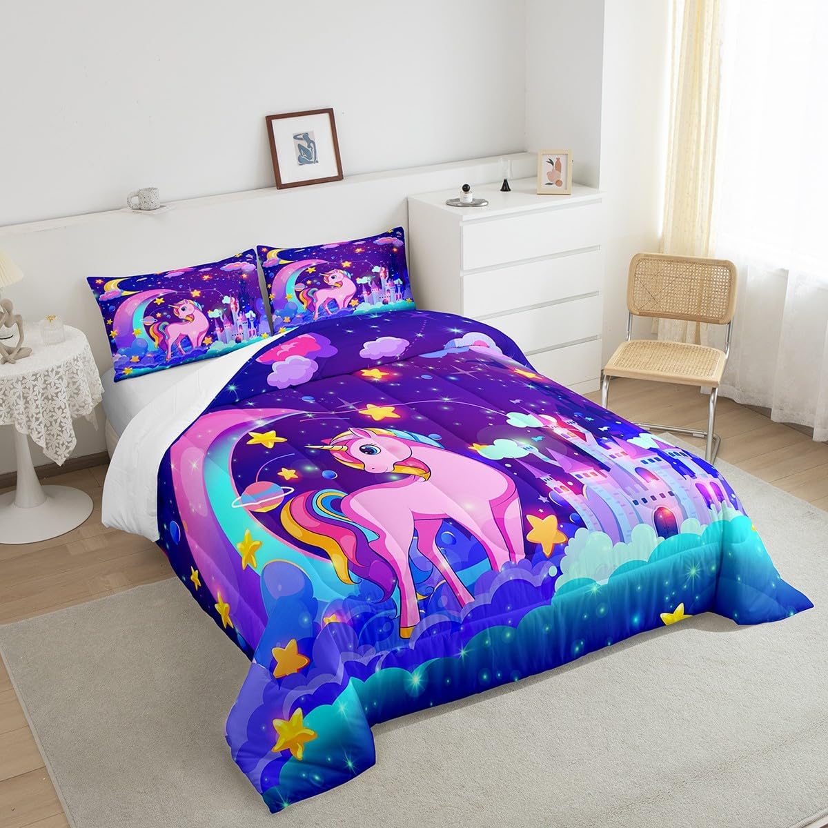 Galaxy Star Cartoon Unicorn Bedding Set Full, Girls Cute Unicorn Bedding Set Cartoon Unicorn Comforter Set for Kids Toddler Fairy Dreamy Horse Duvet Set Microfiber Quilt Set