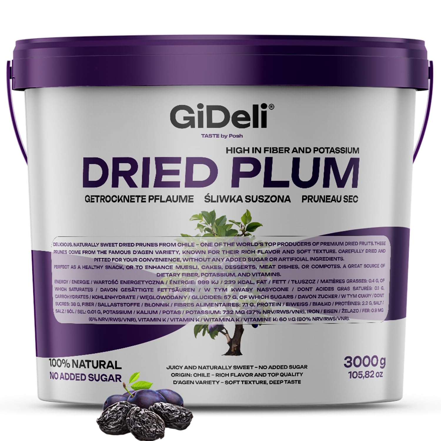 GiDeli Ciruelas secas 3 kg en cubo sin piedra Sin azúcar de Chile