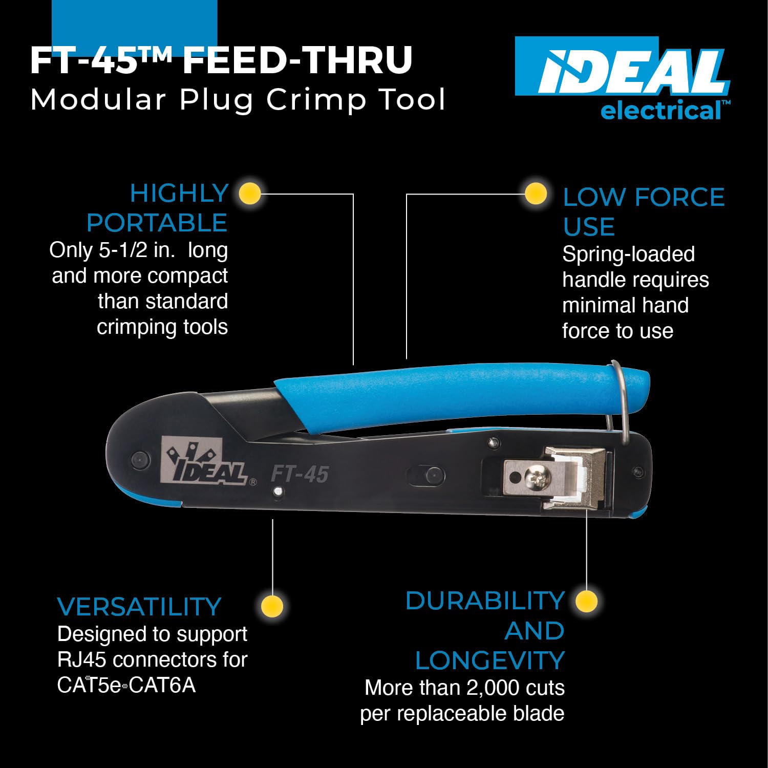 IDEAL Electrical 30-495 FT-45 Feed-Thru Modular Plug Crimp Tool for CAT5e, CAT6, CAT6A RJ-45 Connectors, 5 1/2 in., 1 Crimper