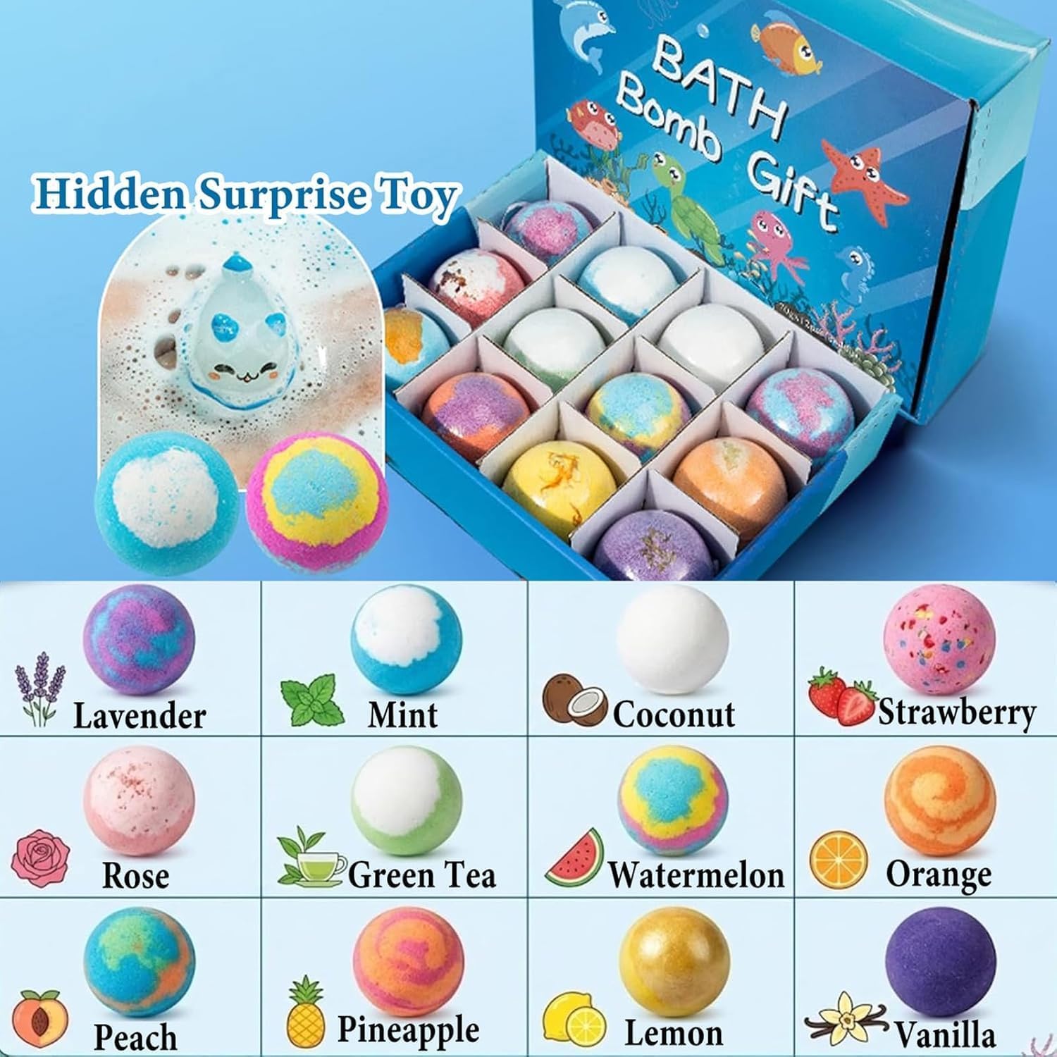STOAT Bombe da Bagno Bambini con Sorpresa, 12Pz Scatola Regalo con Giocattoli, Naturali Bio, Schiuma Bagno Delicata per Ragazzi