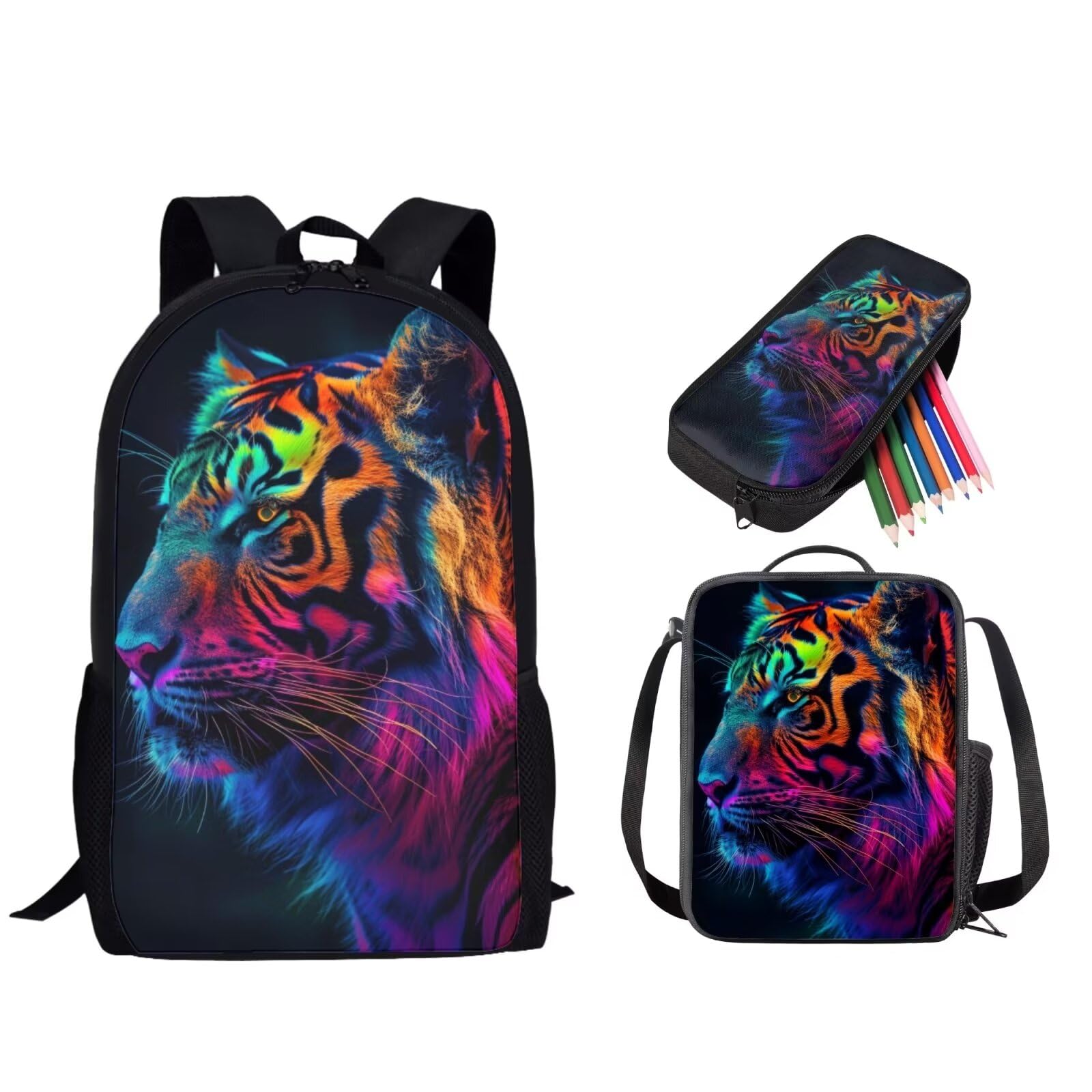 Wanzuoeng 3D Tiger Print Backpack Set for Kids, Lightweight School Bag and Lunch Bag Set for Toddler Boys, 17 Inch Student Backpack Pencil Case Set