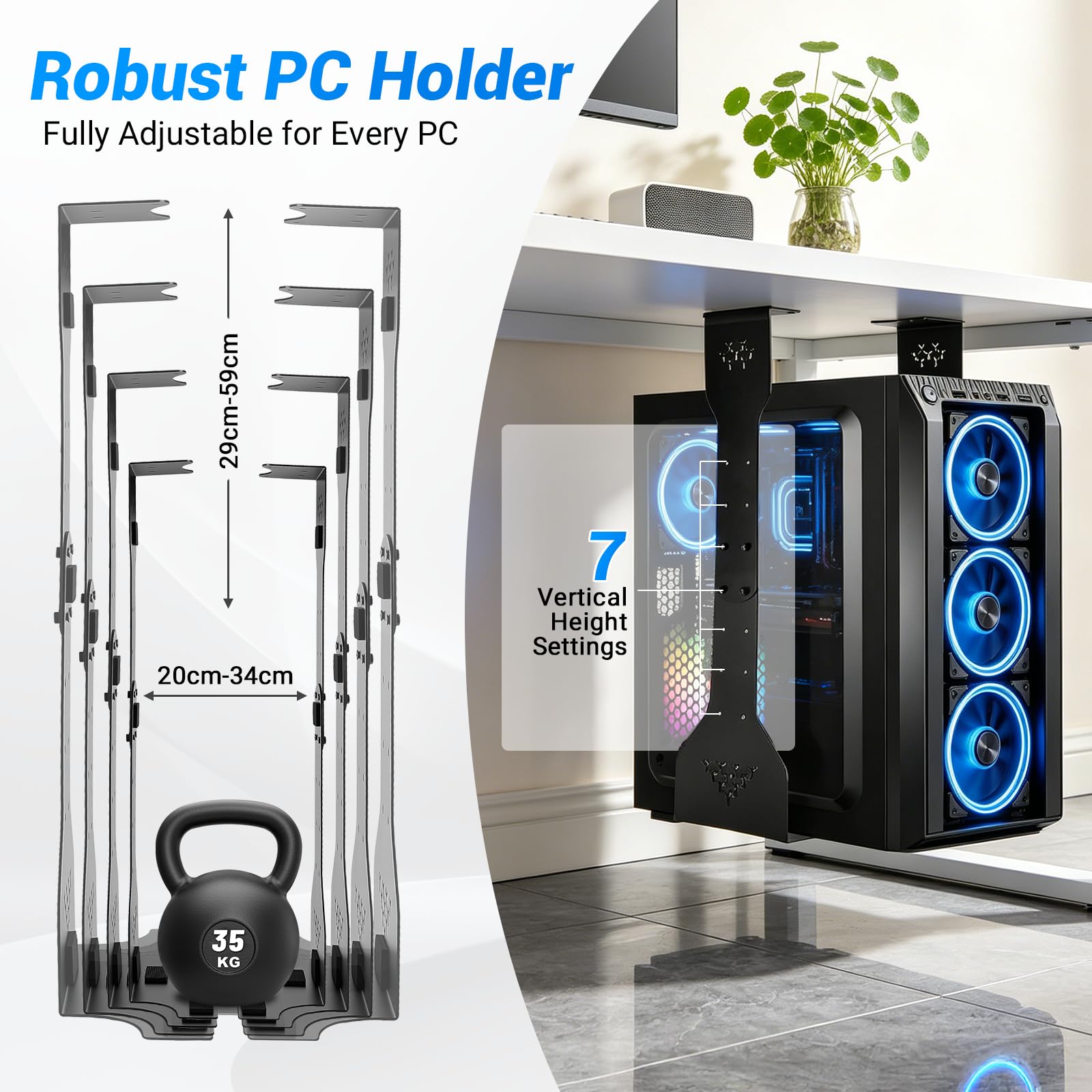 Support PC sous Bureau réglable en Hauteur 290-590 mm, Largeur 200-340 mm, Capacité 35 kg, Acier Robuste