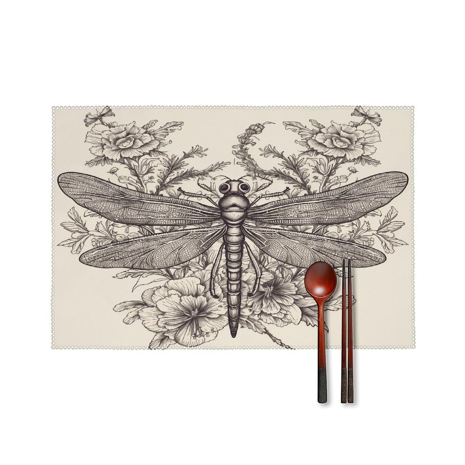 Hand Drawn Floral Dragonfly Placemats Set of 6 Non-Slip Stain Resistant Indoor Outdoor Table Mat Washable Cloth Place Mat Fashion Kitchen Placemat for Dining Table Decoration 17.7x11.8 in