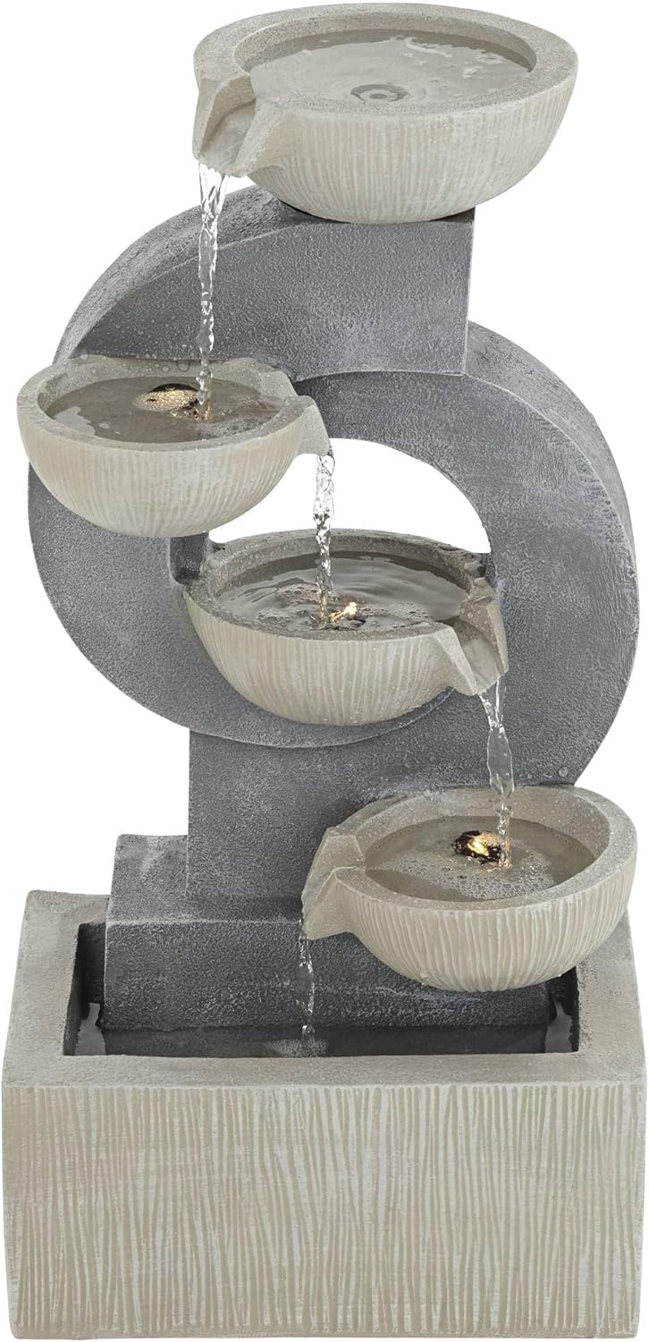 Tarin Four Bowl 23 1/2" High Large Modern Indoor Outdoor Decor Gray Faux Stone Floor Fountain with Light LED Waterfall Cascading Water Feature for Outside Garden Patio Yard Backyard - John Timberland