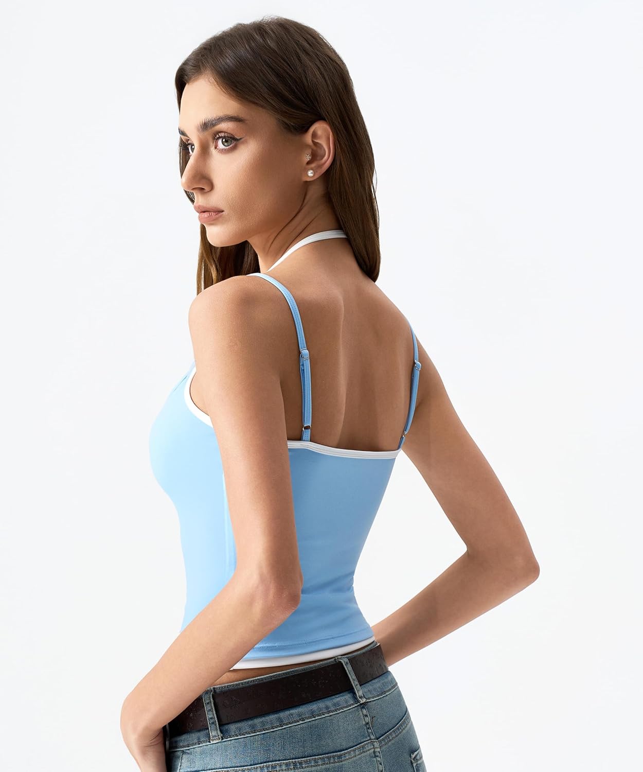 QINSEN Women's Spaghetti Strap Tank Top Slim Fitting Layered Halter Neck Sleeveless Cami Shirt - Image 2