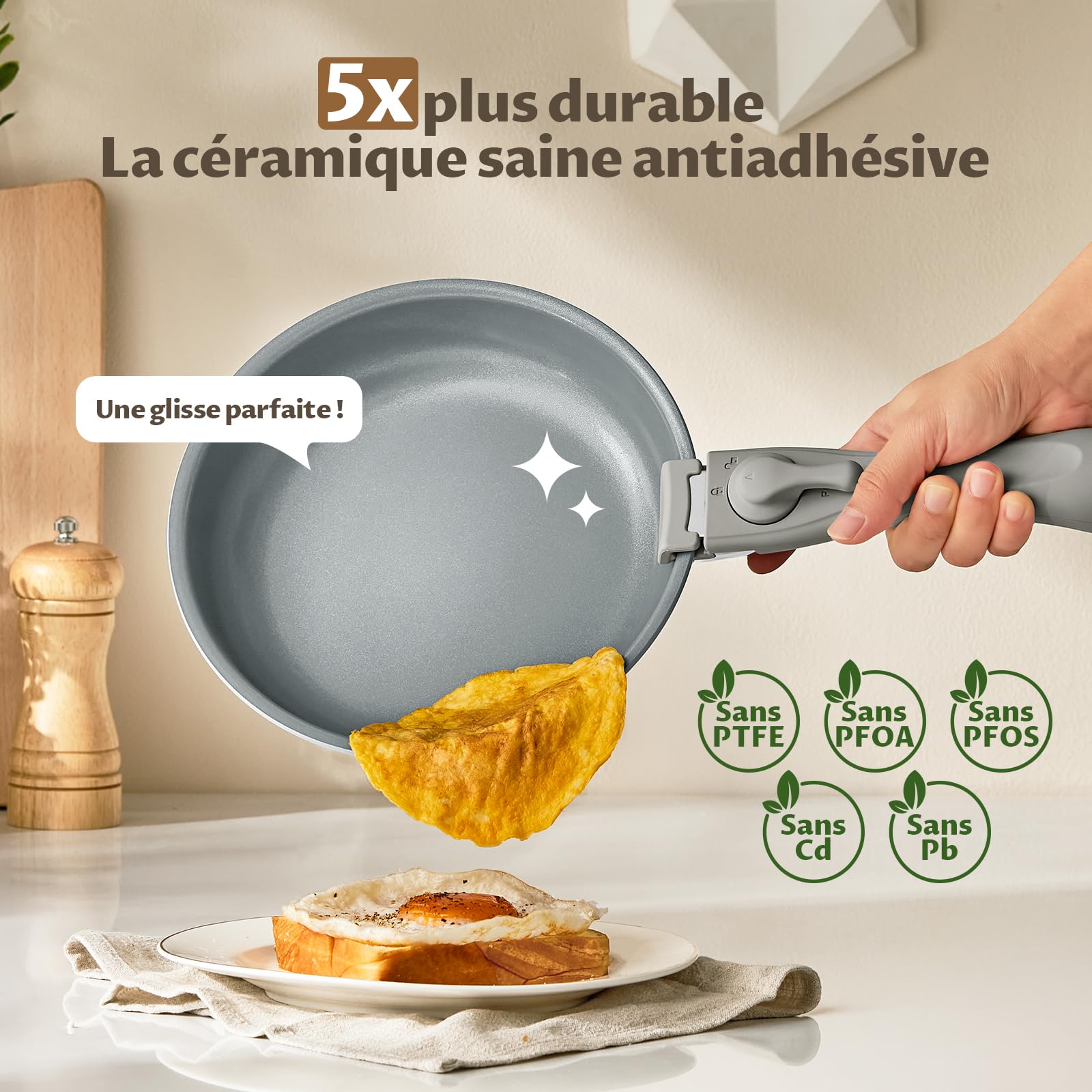BLAZANT Batterie de Cuisine 7 Pièces avec Poignée Amovible | Poêles en Céramique 20/24/28 cm pour Petites Cuisines, Camping-Car & Camping | Empilable, Induction, Four jusqu'à 240°C, Sans PFAS