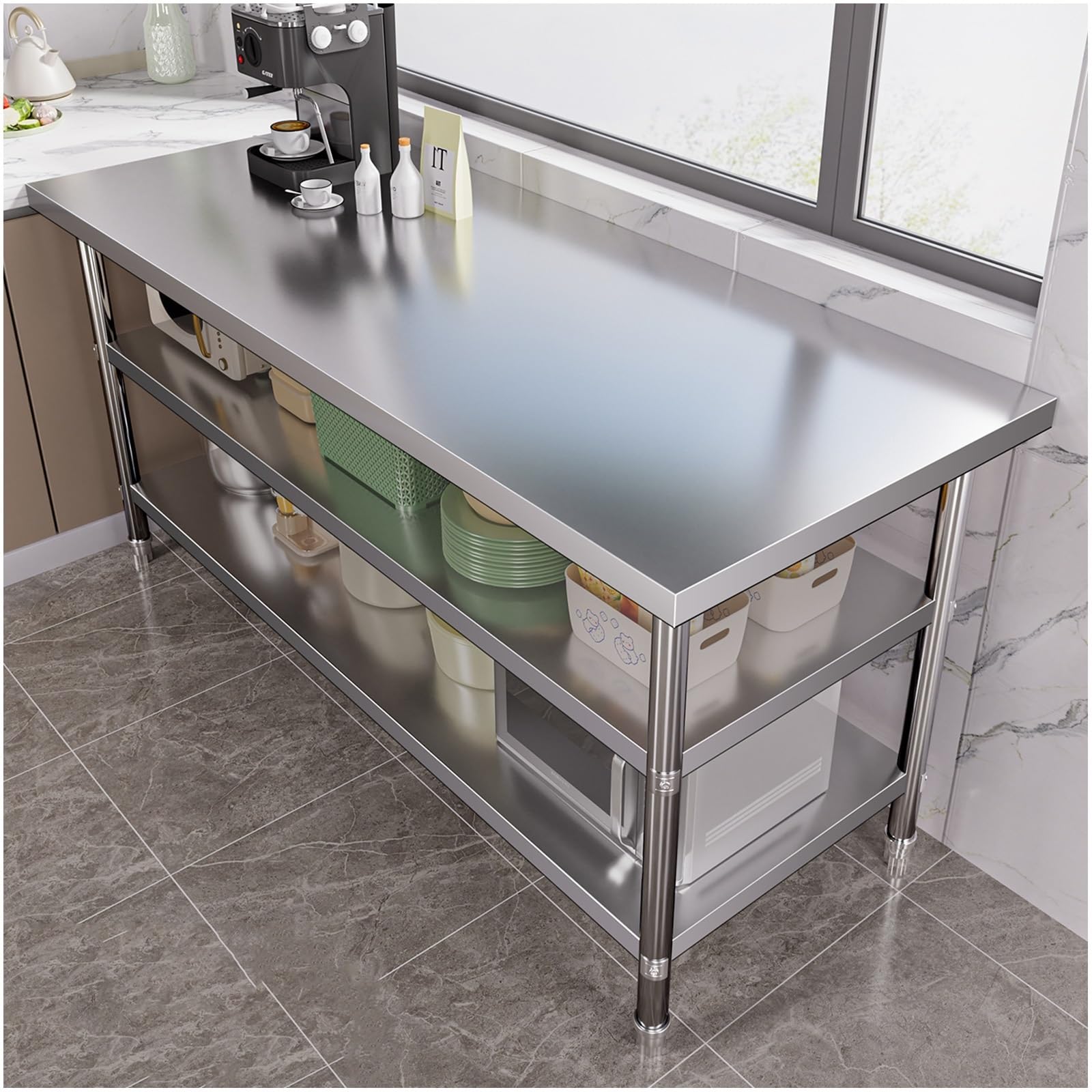 Tavolo da lavoro commerciale in acciaio inox con ripiano regolabile, tavolo di preparazione per ristorante, cucina, garage, design durevole e versatile