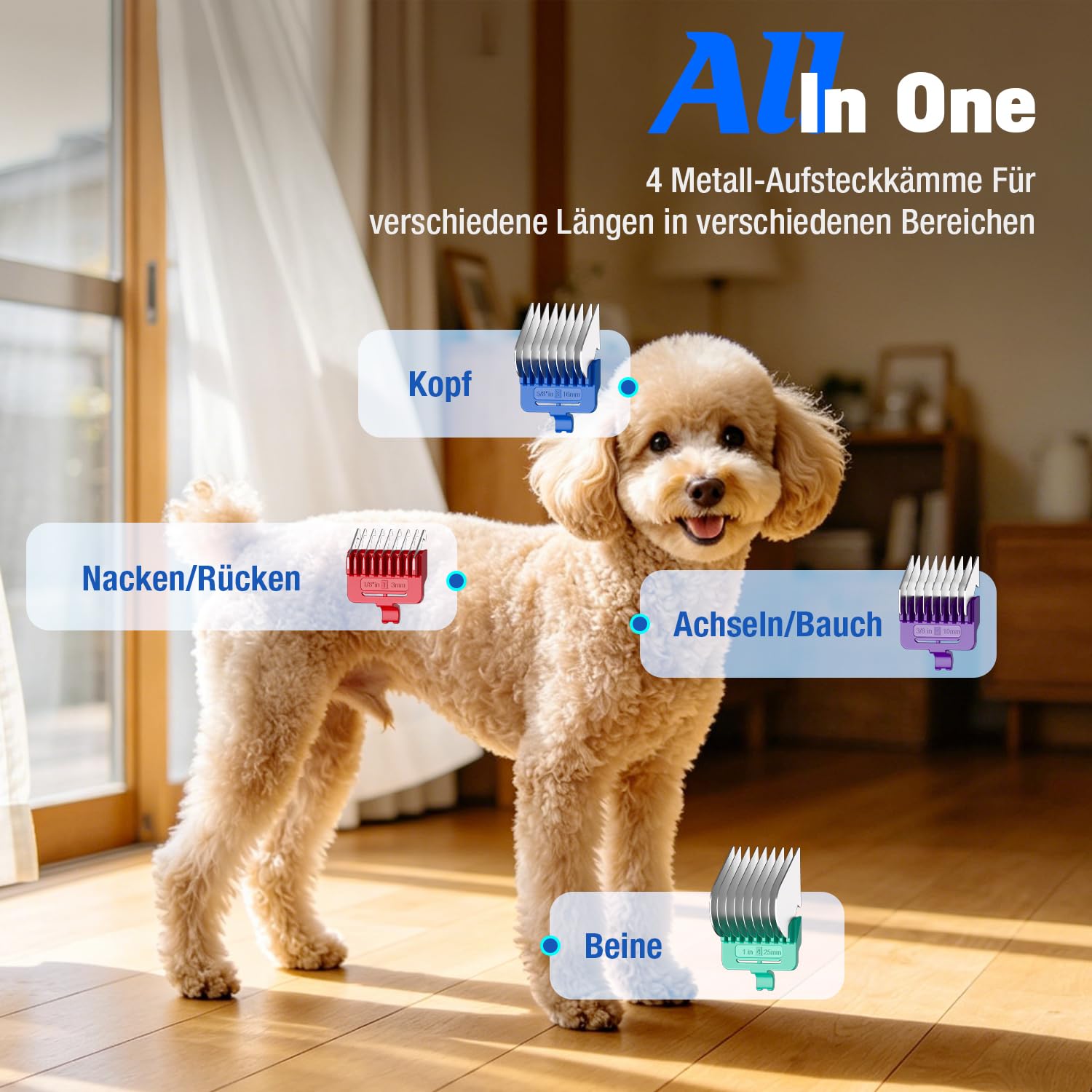 Hundeschermaschine mit Metall-Aufsteckkämme und Abnehmbare Ersatzklinge,Schermaschine Hund Hunderasierer Haarschneidemaschine Profi für Dickes/Lockiges/Feines/Langes/Gewelltes Haar