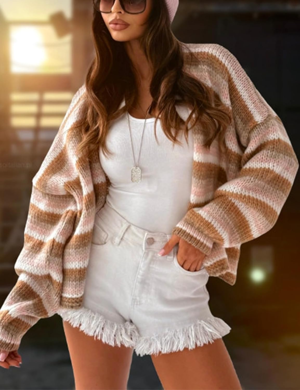 Yeokou Womens Striped Cardigan Sweaters Open Front Lightweight Knit Rainbow Color Block Casual Fall Layering Top - Image 2