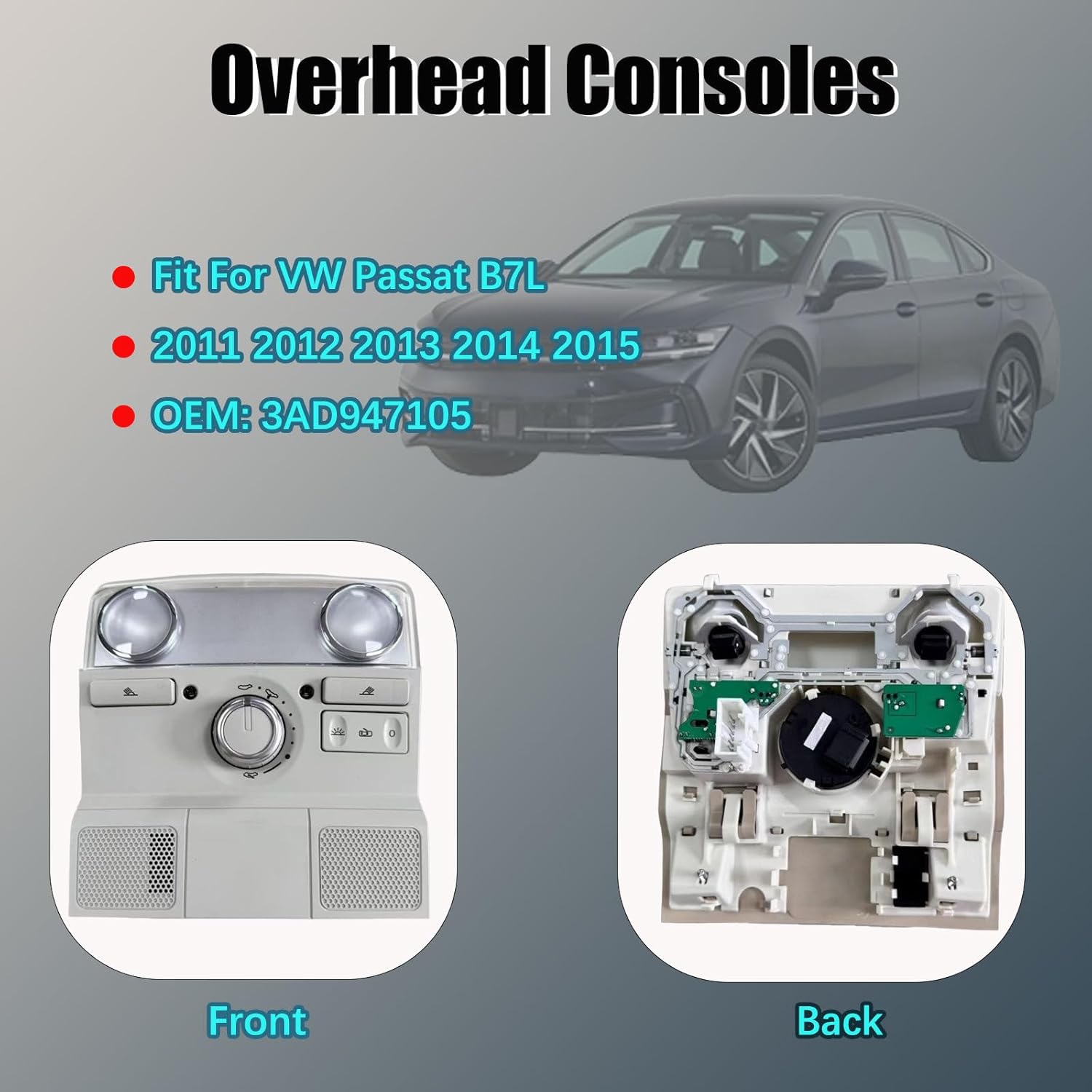 Overhead Consoles Map Reading Light Lamp, Fit For VW Passat​ B7L 2011-2015, OE:3AD947105, Overhead Consoles With Dome Light Assembly, Interior Cab Lights Storage Assembly-gray-With light
