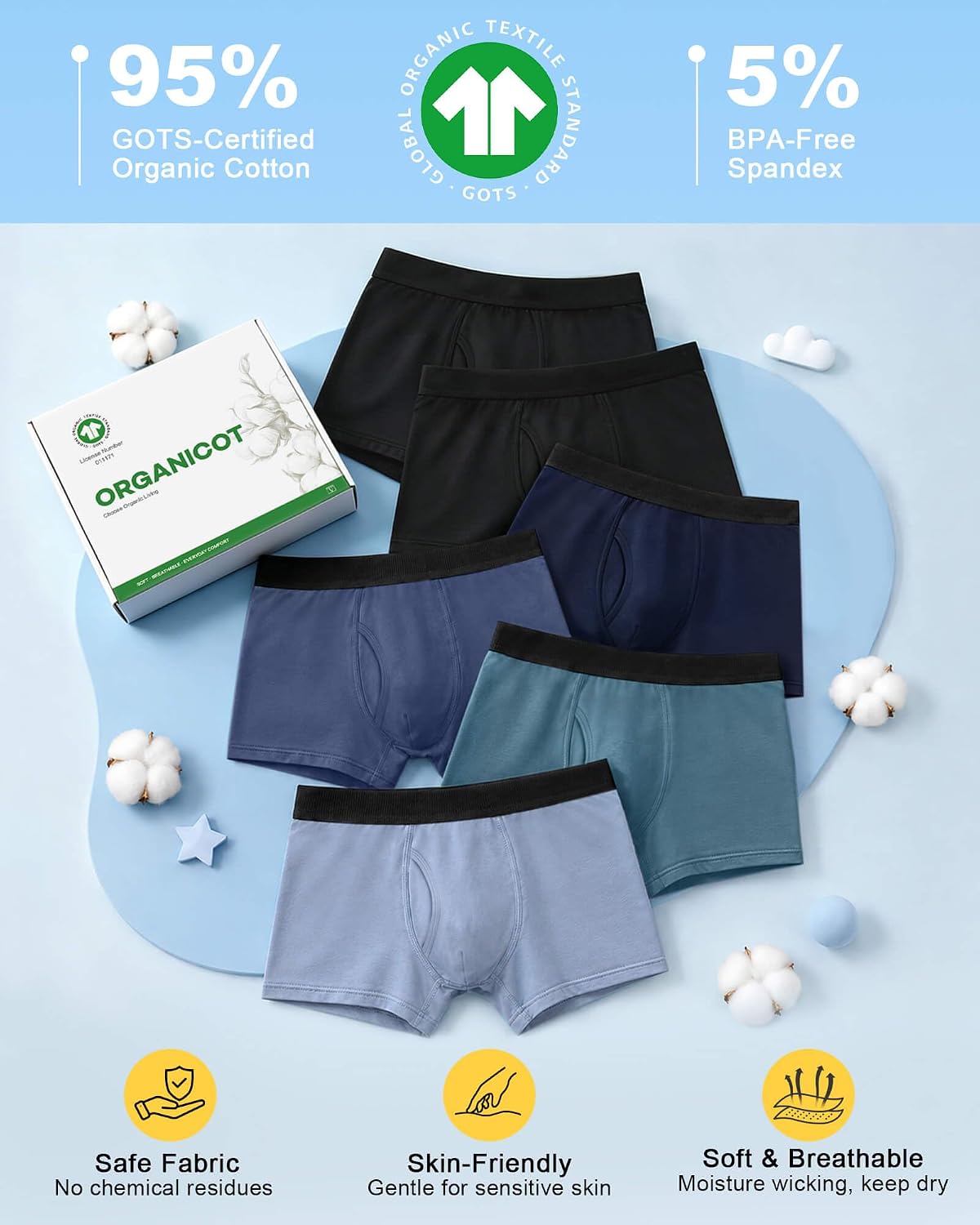 Organic Cotton Boys Underwear 6-18Y Boxer Briefs 6 Pack Comfort
