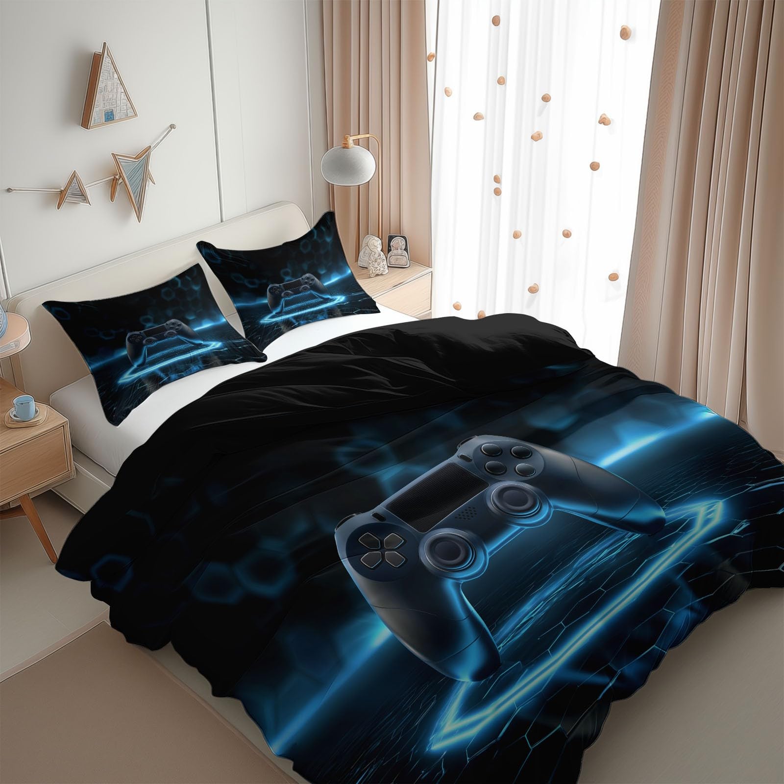 Funda Nórdica 3D Mando Juego Gaming Rejilla Hexagonal 200 x 200 cm - Negro Juego de Cama 3 Piezas para Cama 105 Microfibra Suave con Cierre de Cremallera, para Habitación Adolescente Niño