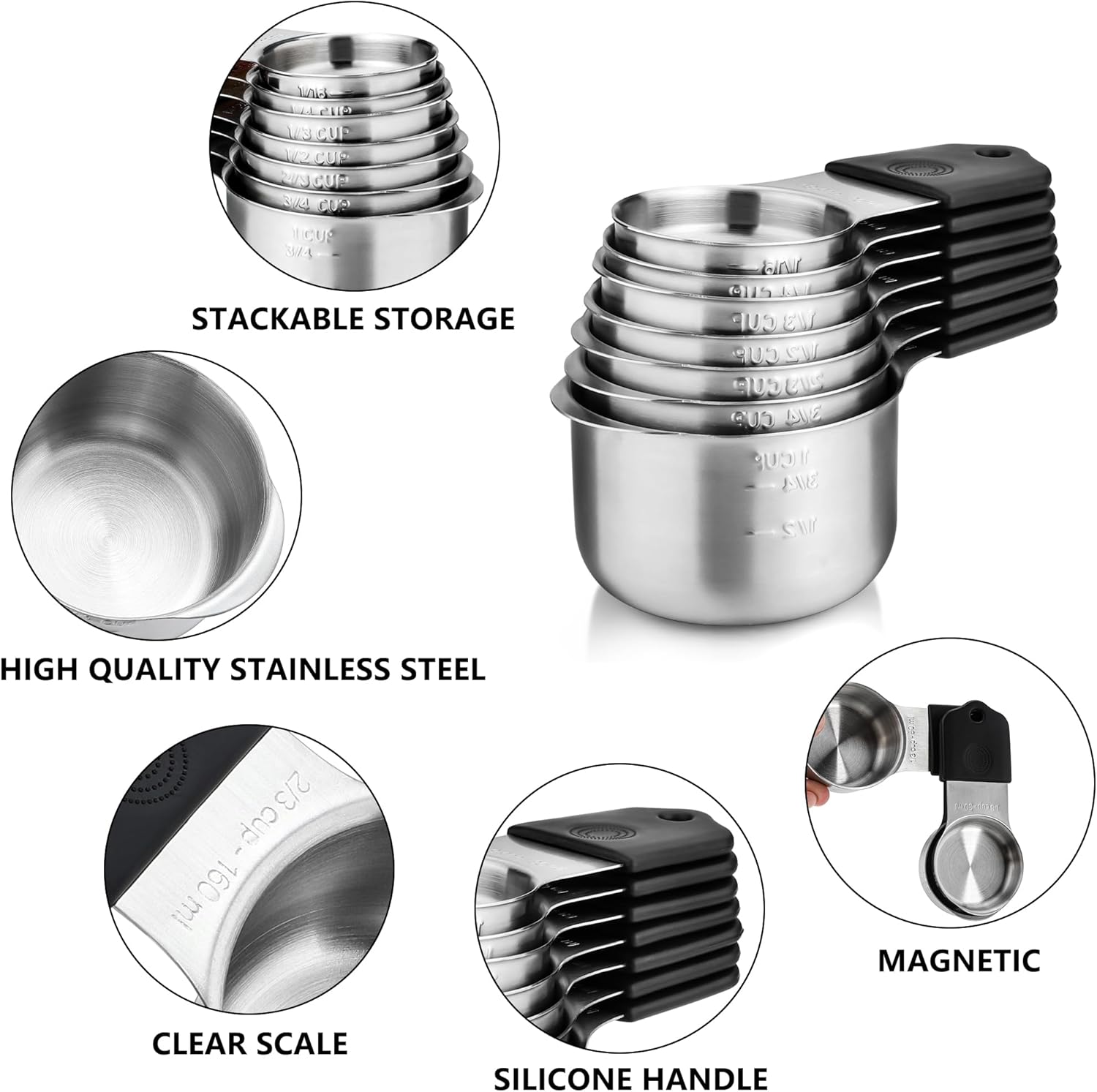 Magnetic Measuring Cups Set of 7 Stainless Steel Measuring Cups Kitchen Measuring Tools for Dry and Liquid Ingredients