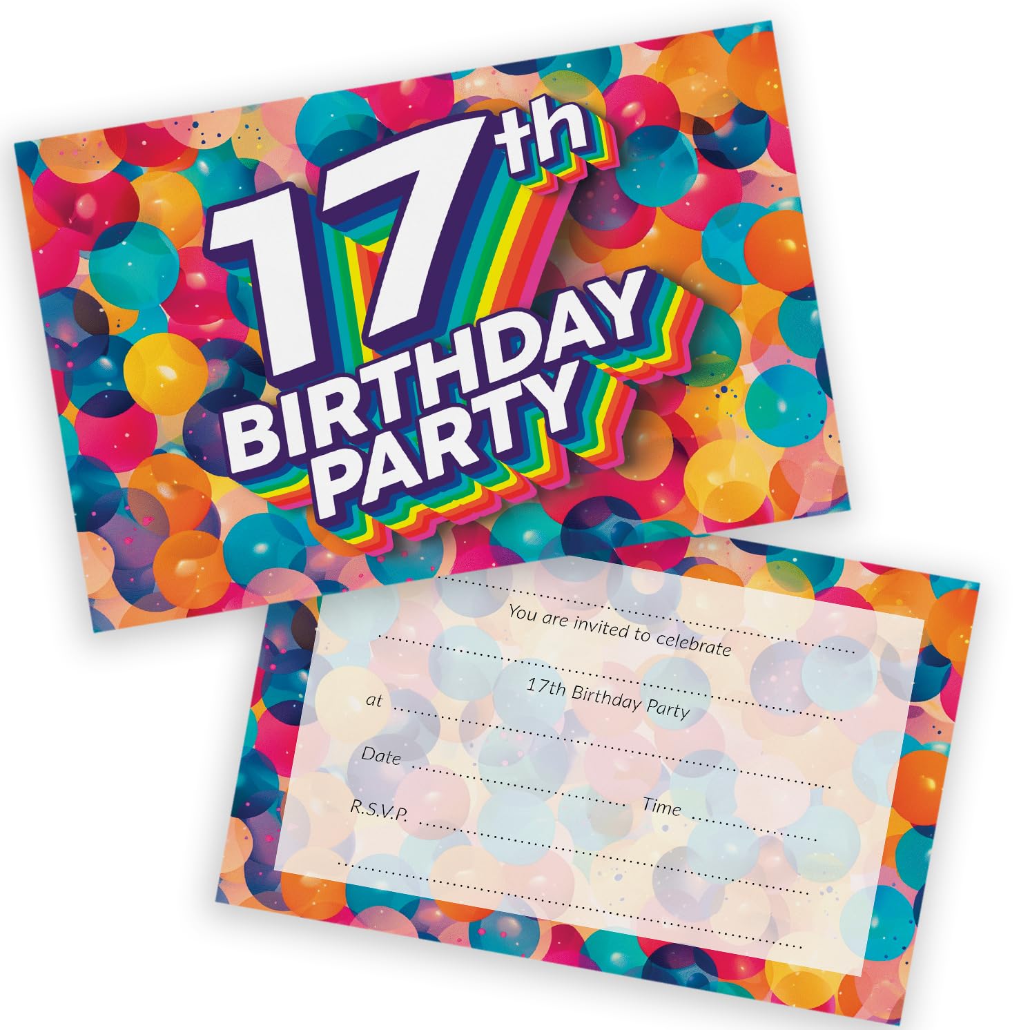 17th Birthday Party Invitations Teenager - Rainbow Balloons 36 Pack - Childrens Birthday Invitations for Boys/Girls A6 Bday Party Invites Invitation Cards with Folding Envelopes